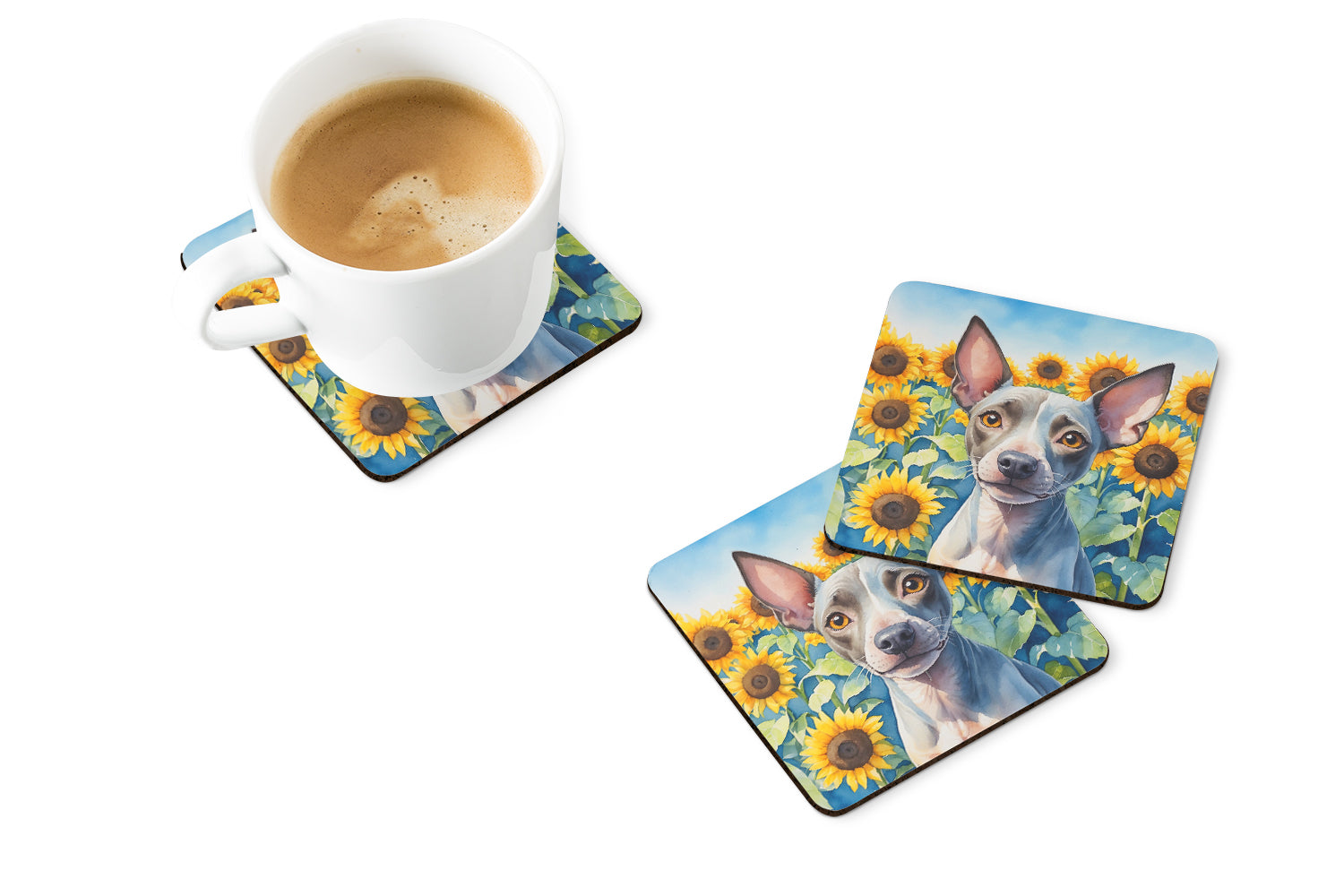 American Hairless Terrier in Sunflowers Foam Coasters
