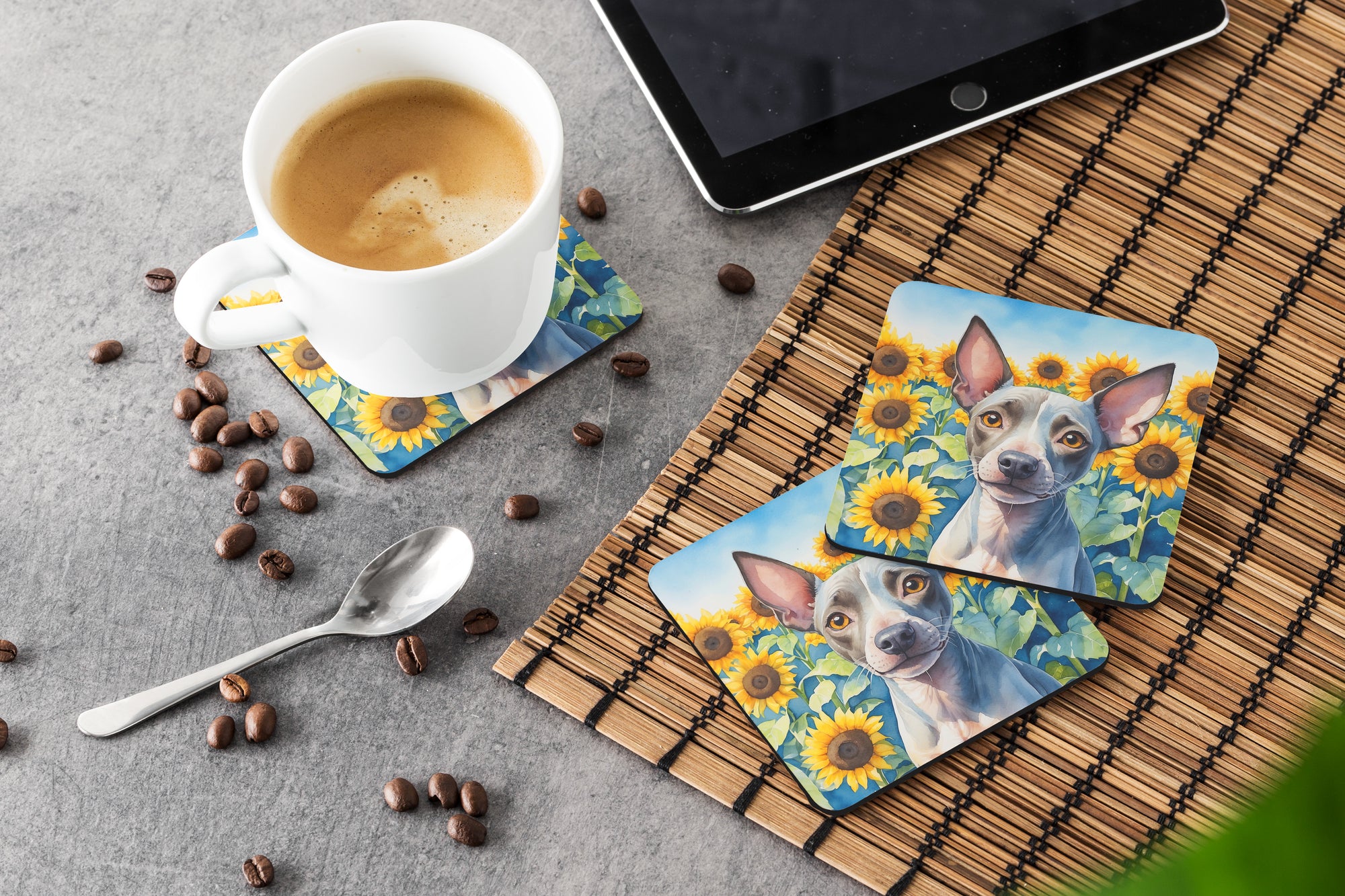 American Hairless Terrier in Sunflowers Foam Coasters