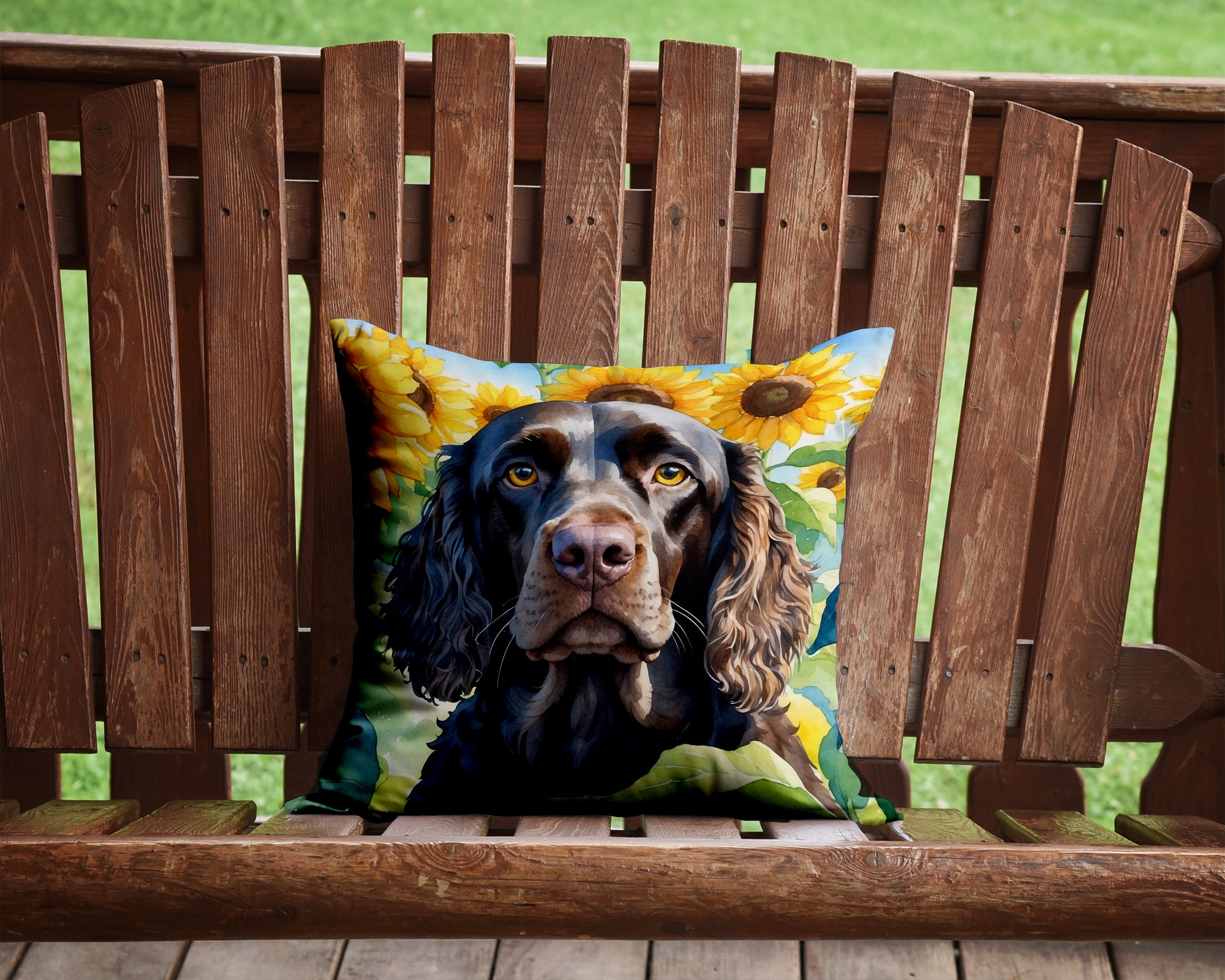 Buy this American Water Spaniel in Sunflowers Throw Pillow
