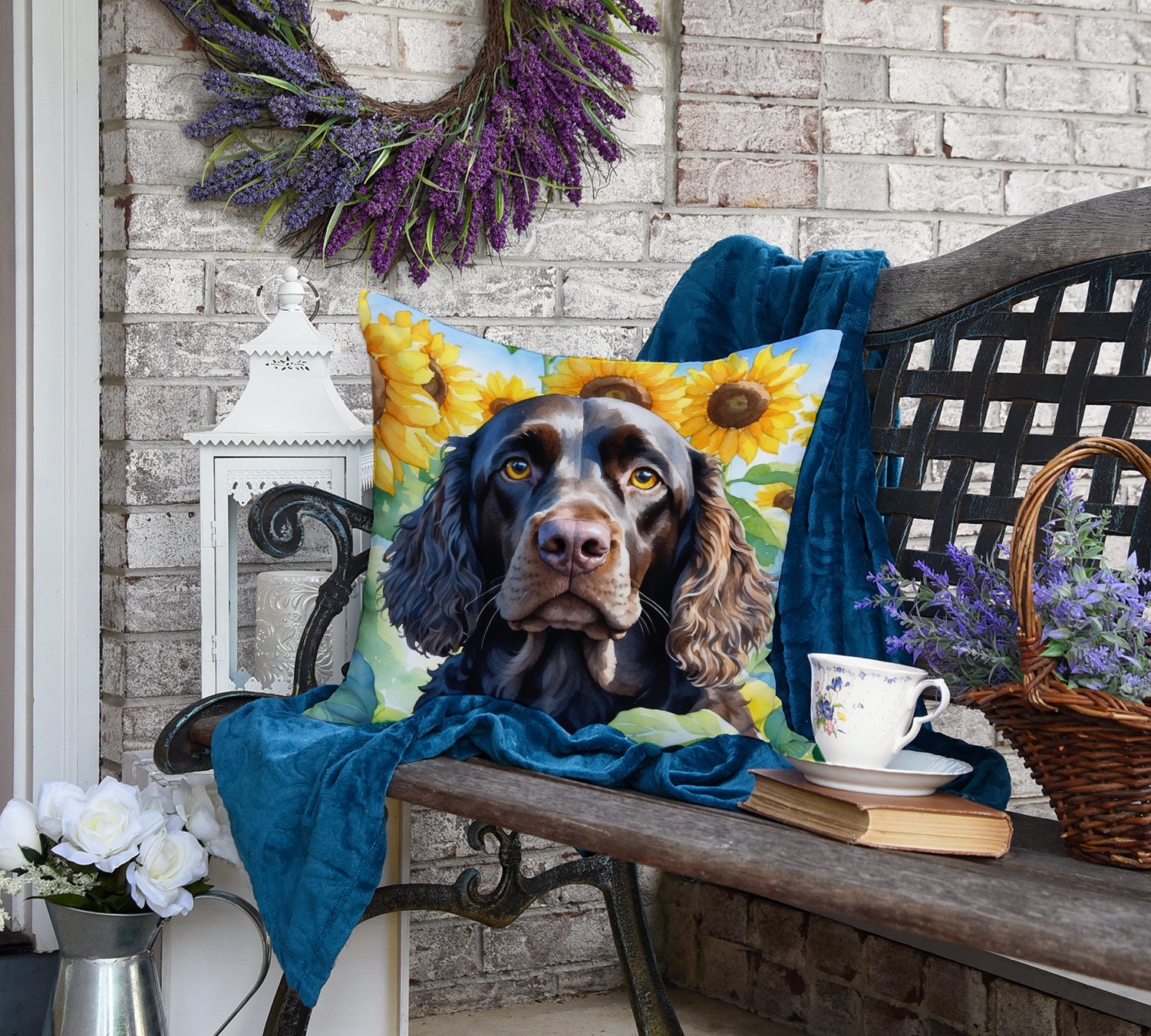 American Water Spaniel in Sunflowers Throw Pillow