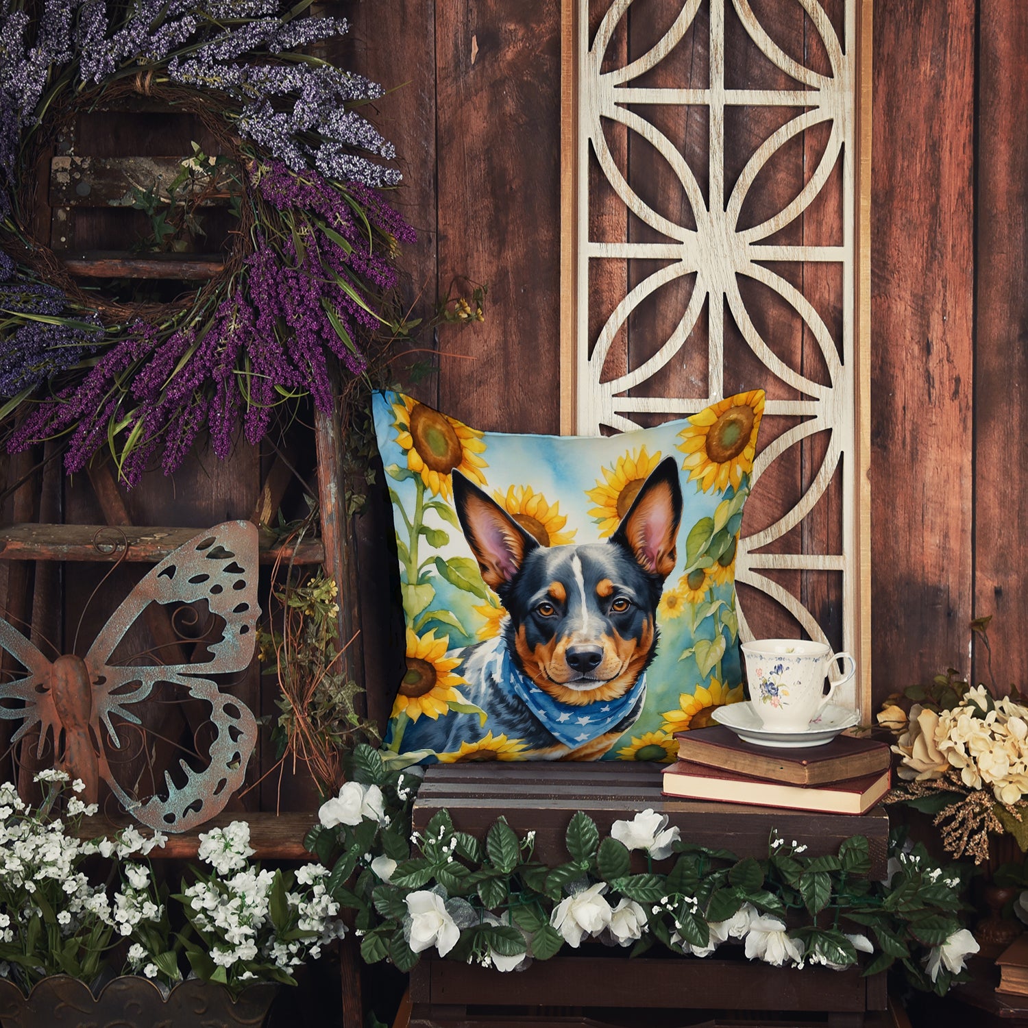 Caroline's Treasures Australian Cattle Dog in Sunflowers Throw Pillow - 14x14 Decorative Pillow – Art for Your Home & Patio