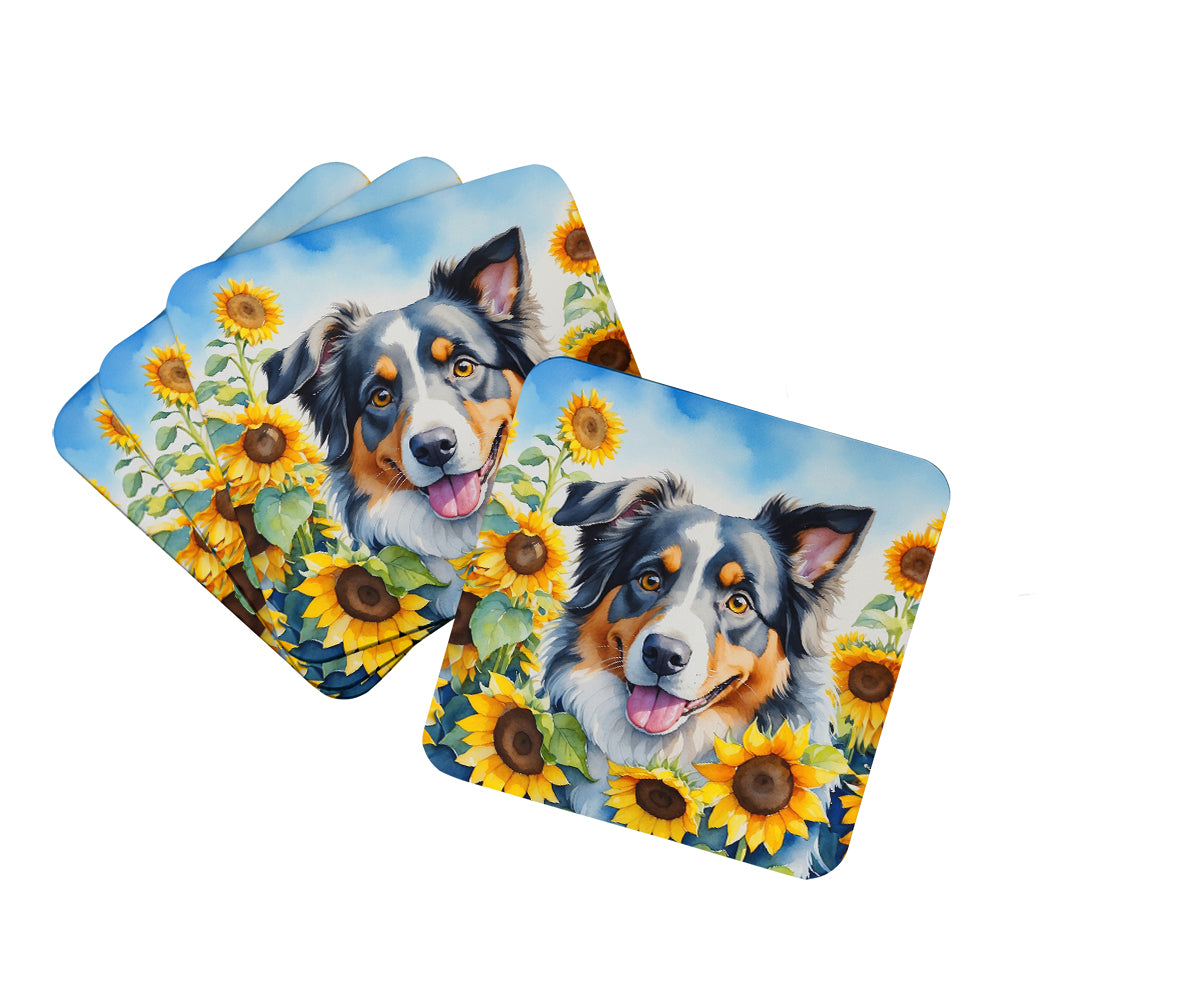 Buy this Australian Shepherd in Sunflowers Foam Coasters