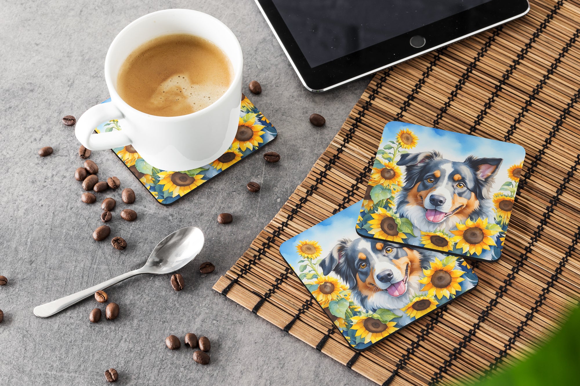 Australian Shepherd in Sunflowers Foam Coasters