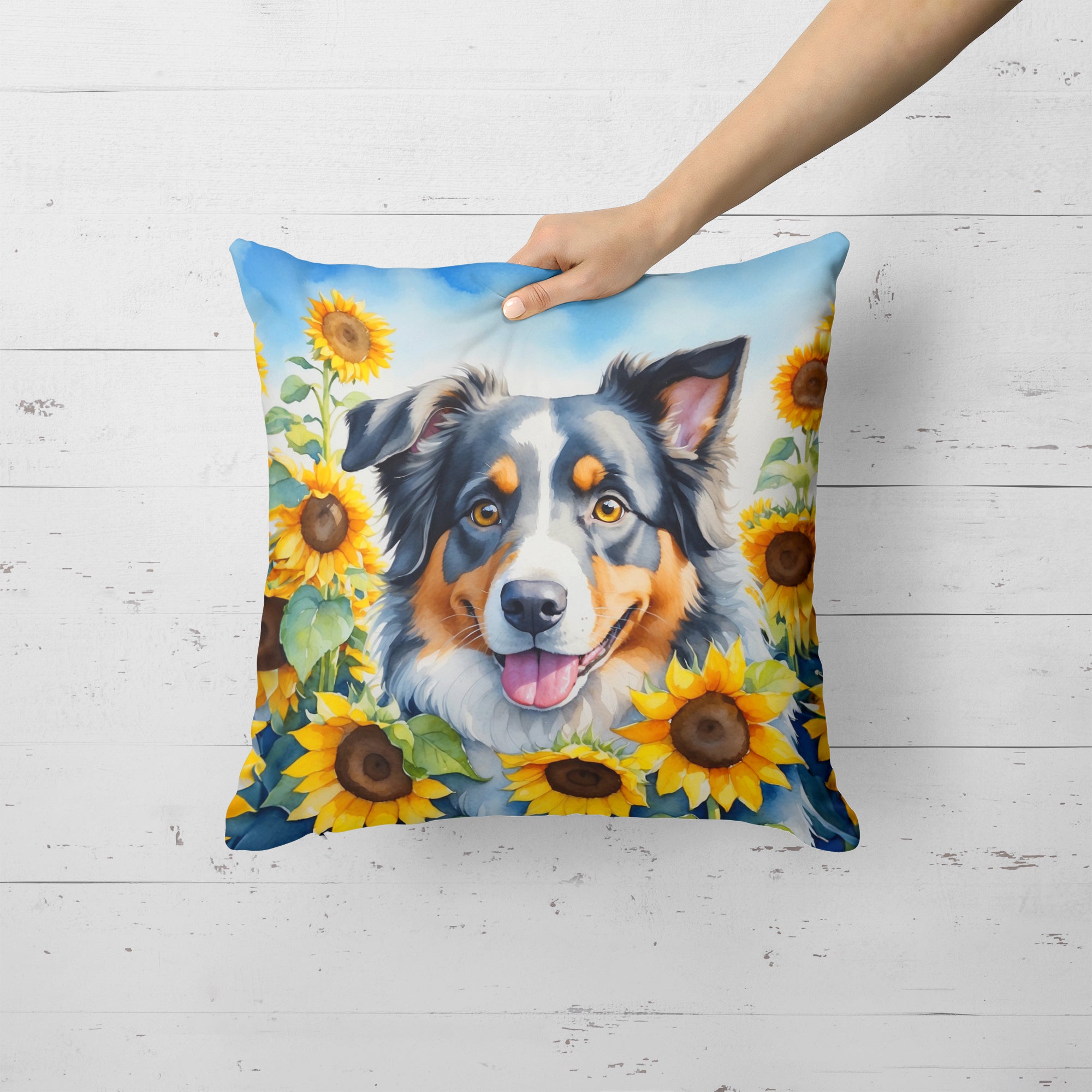 Australian Shepherd in Sunflowers Throw Pillow