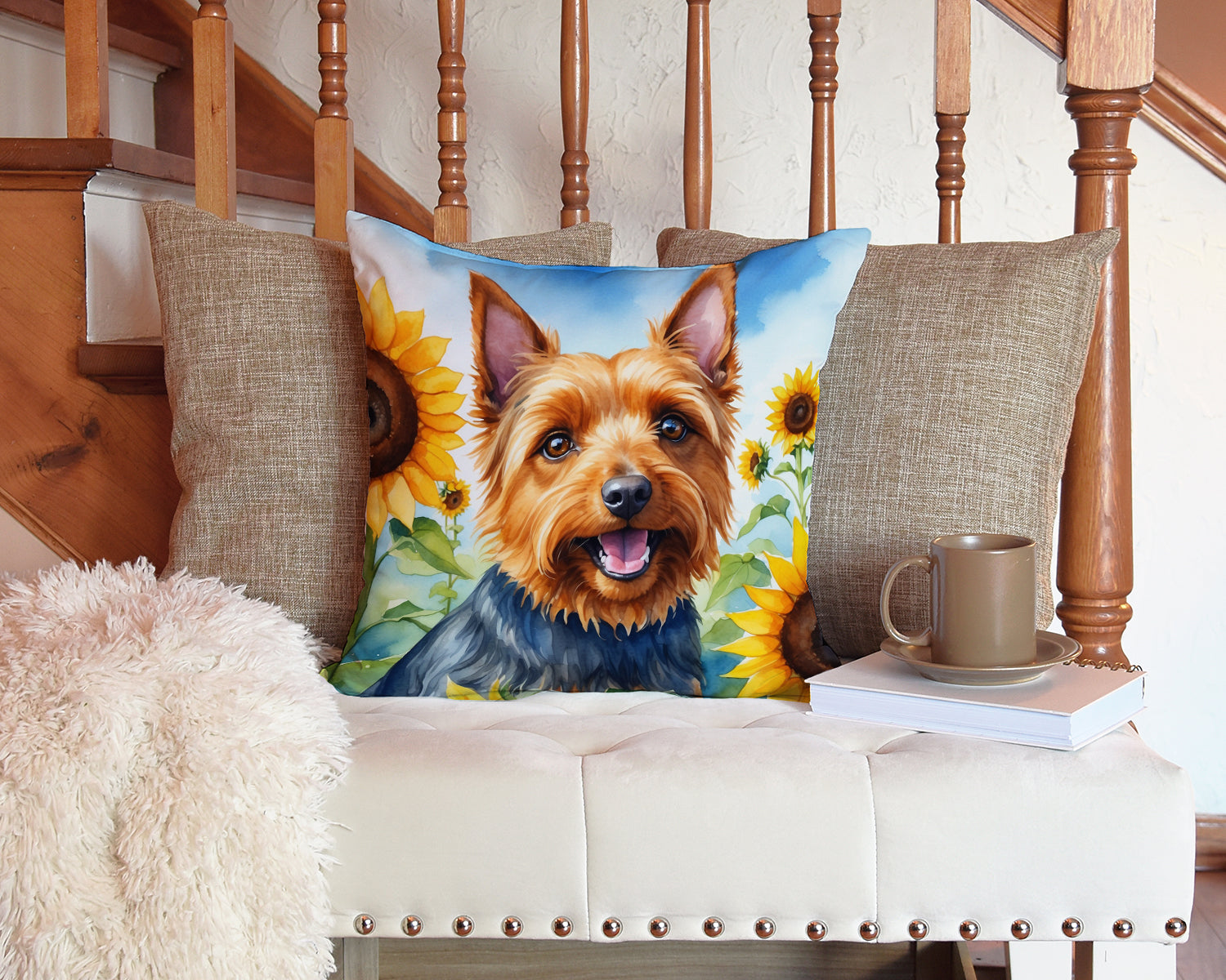 Australian Terrier in Sunflowers Throw Pillow