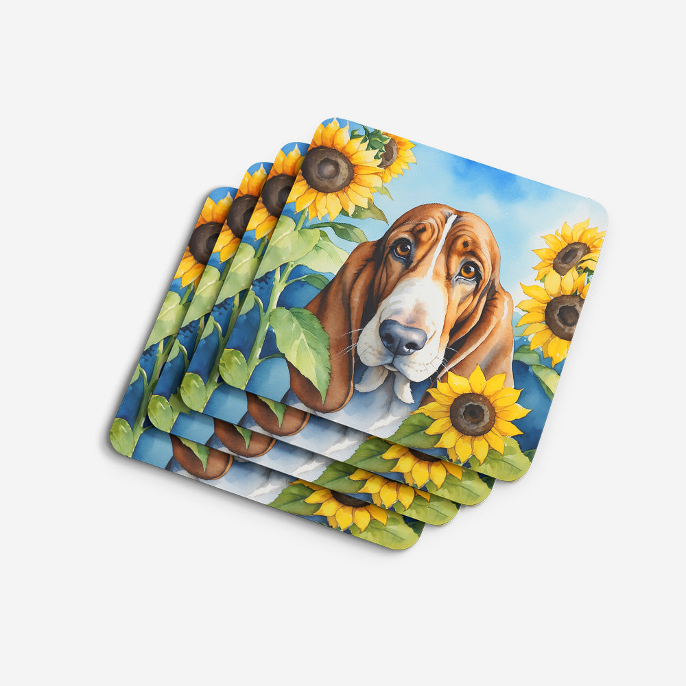 Basset Hound in Sunflowers Foam Coasters