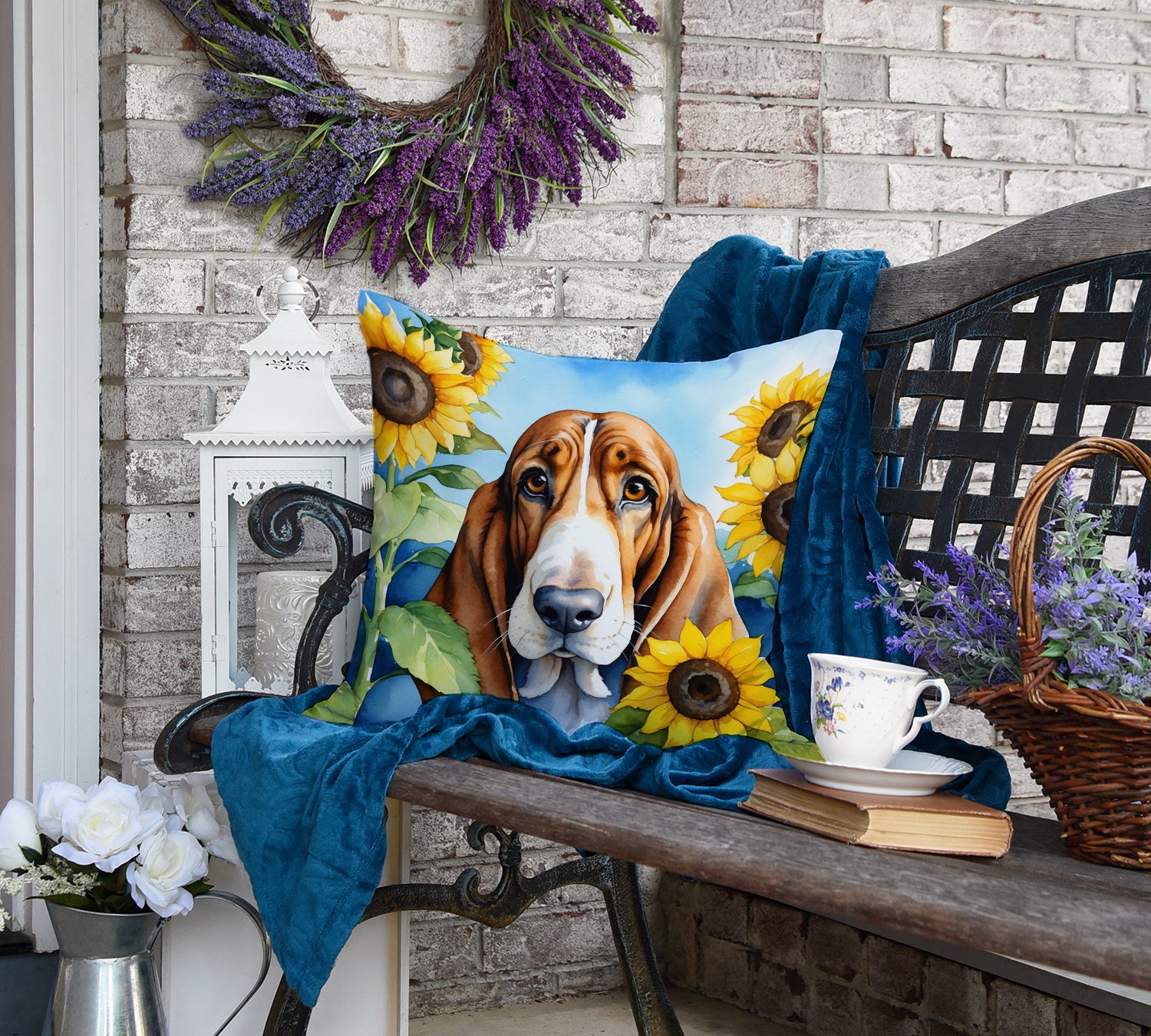 Basset Hound in Sunflowers Throw Pillow