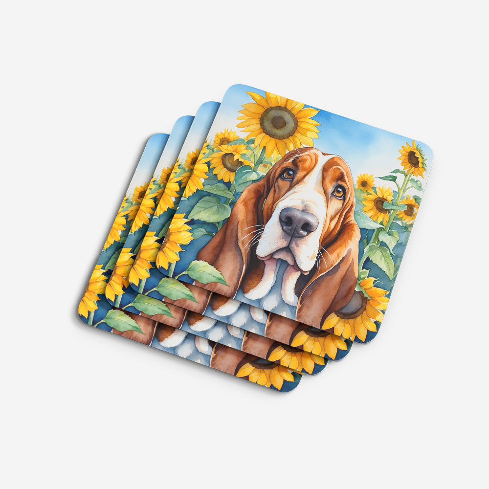 Basset Hound in Sunflowers Foam Coasters