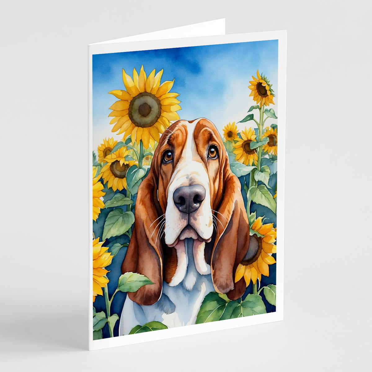 Buy this Basset Hound in Sunflowers Greeting Cards Pack of 8