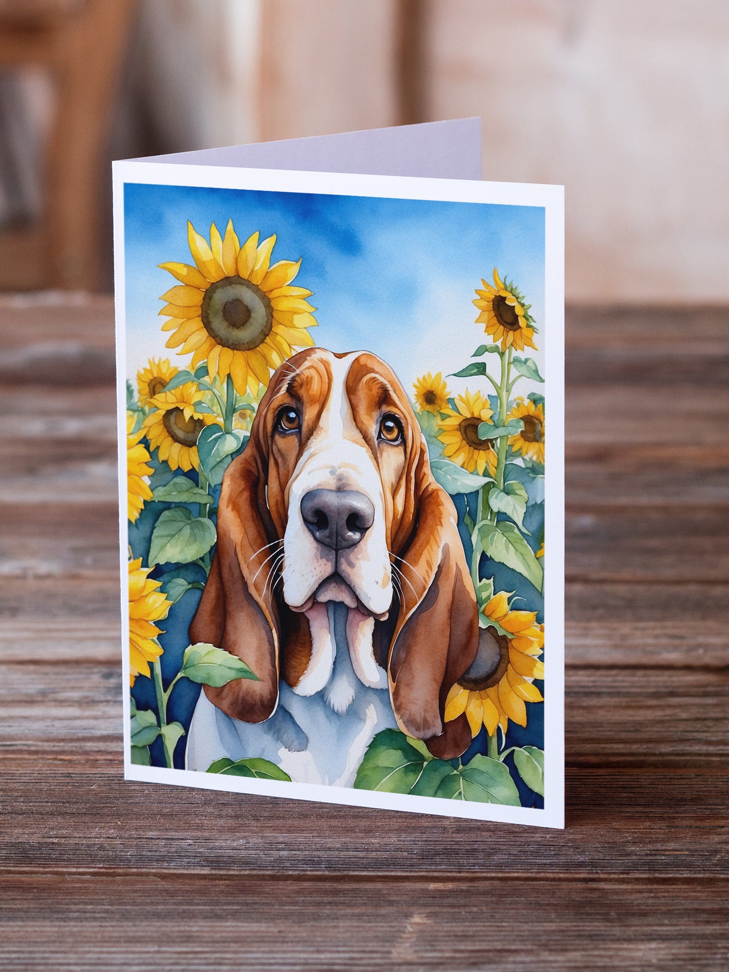 Basset Hound in Sunflowers Greeting Cards Pack of 8