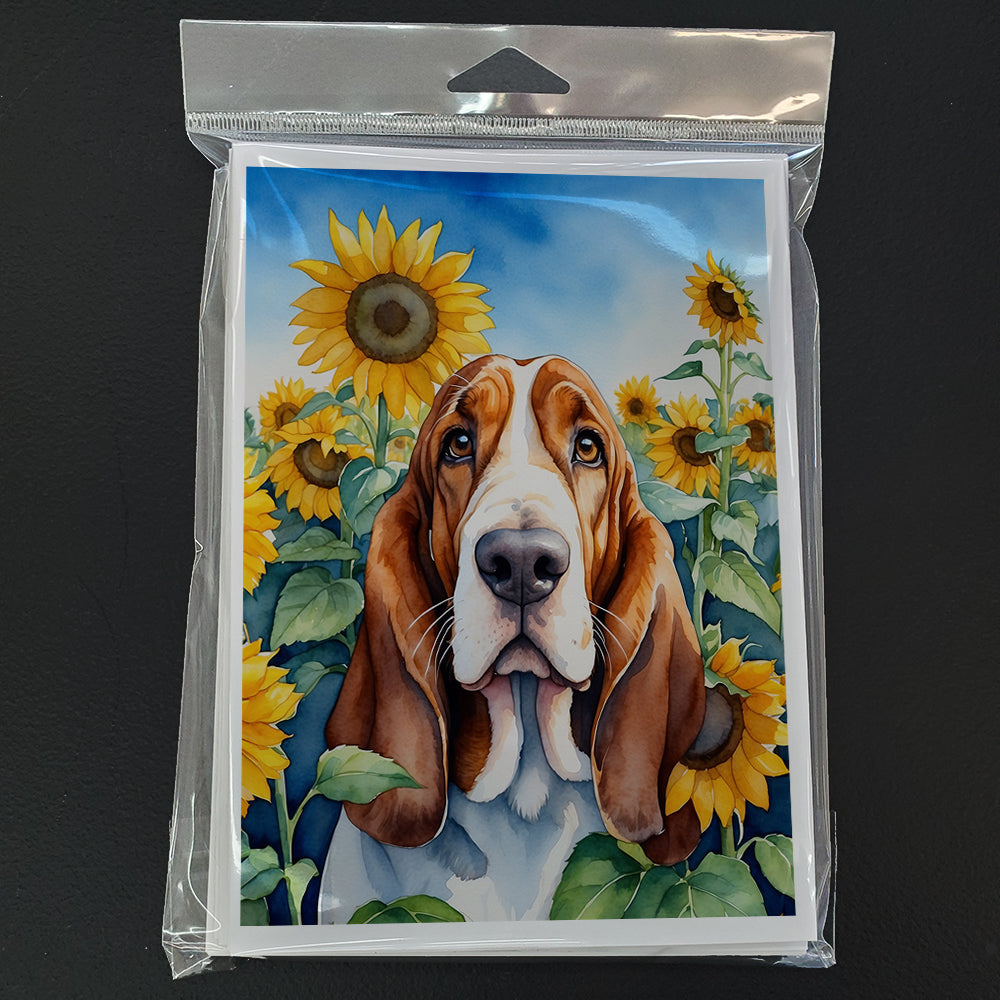 Basset Hound in Sunflowers Greeting Cards Pack of 8