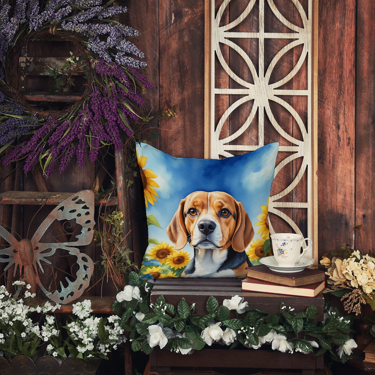 Beagle in Sunflowers Throw Pillow