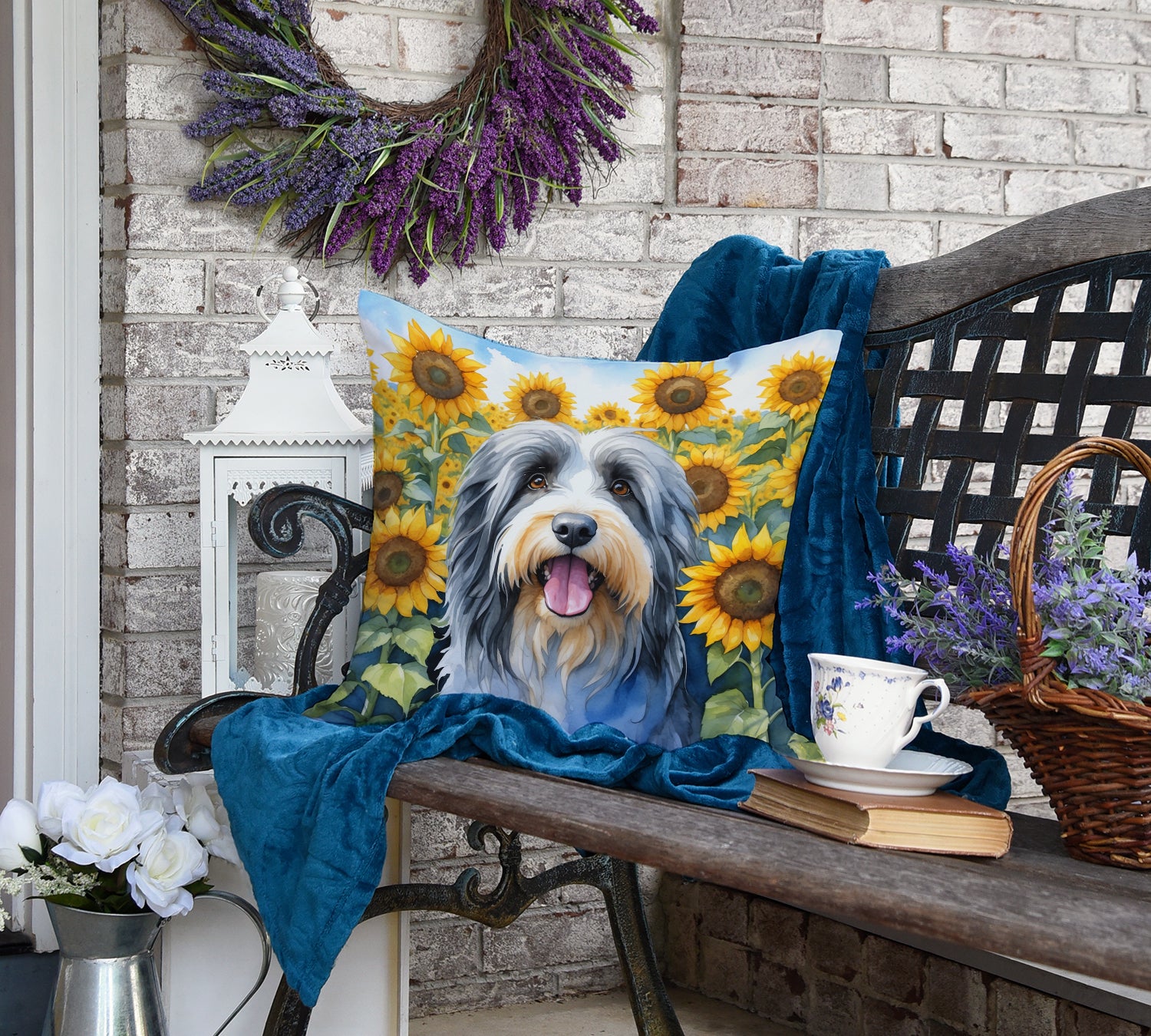 Bearded Collie in Sunflowers Throw Pillow
