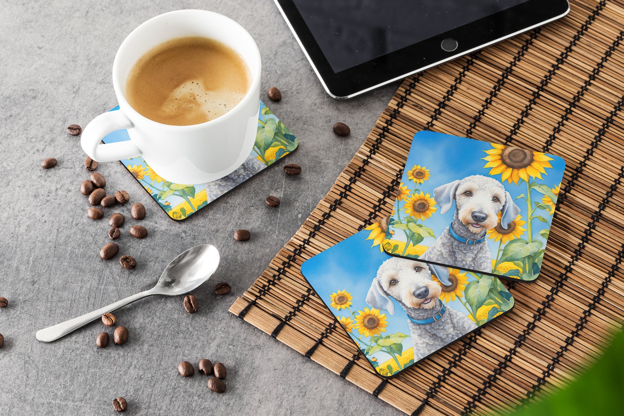 Bedlington Terrier in Sunflowers Foam Coasters