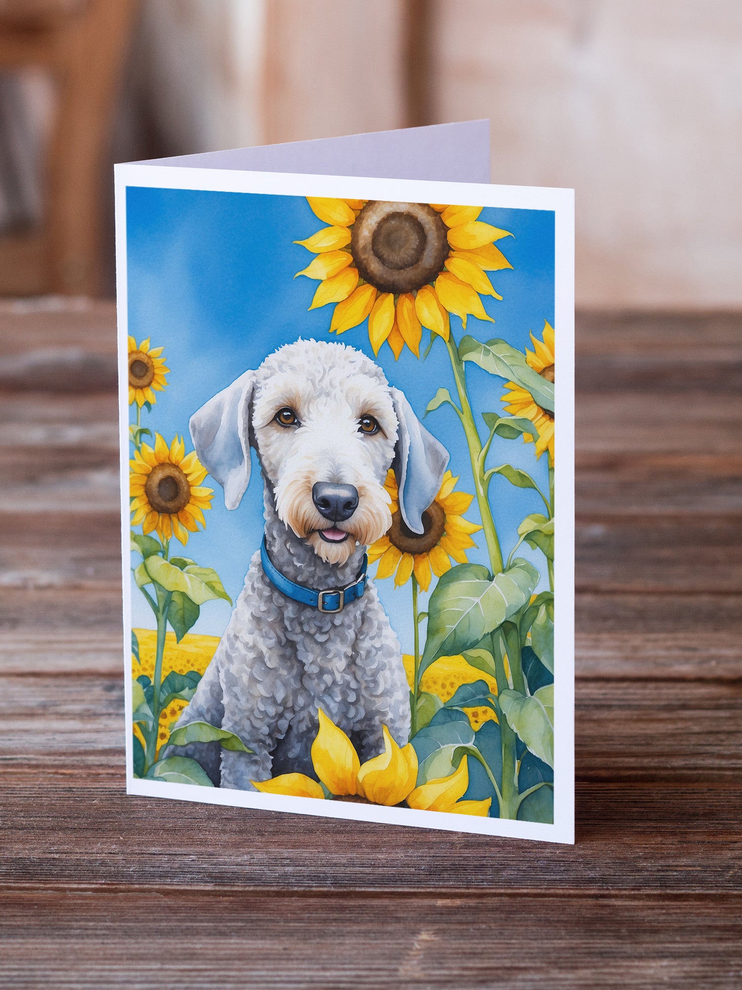 Buy this Bedlington Terrier in Sunflowers Greeting Cards Pack of 8