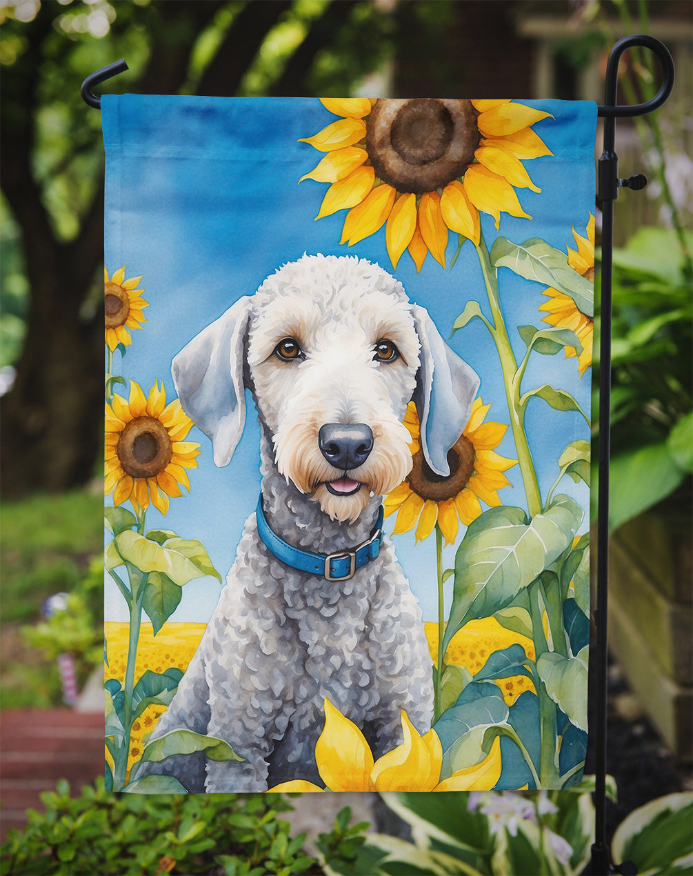 Bedlington Terrier in Sunflowers Garden Flag