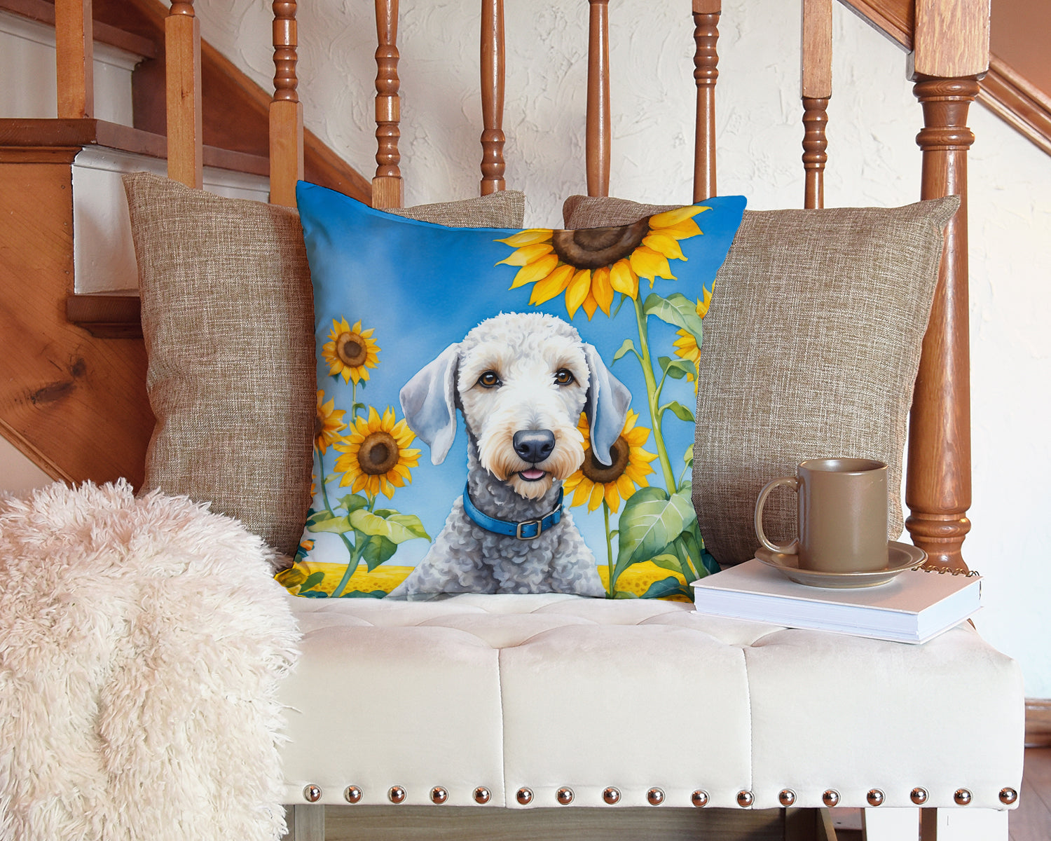 Bedlington Terrier in Sunflowers Throw Pillow