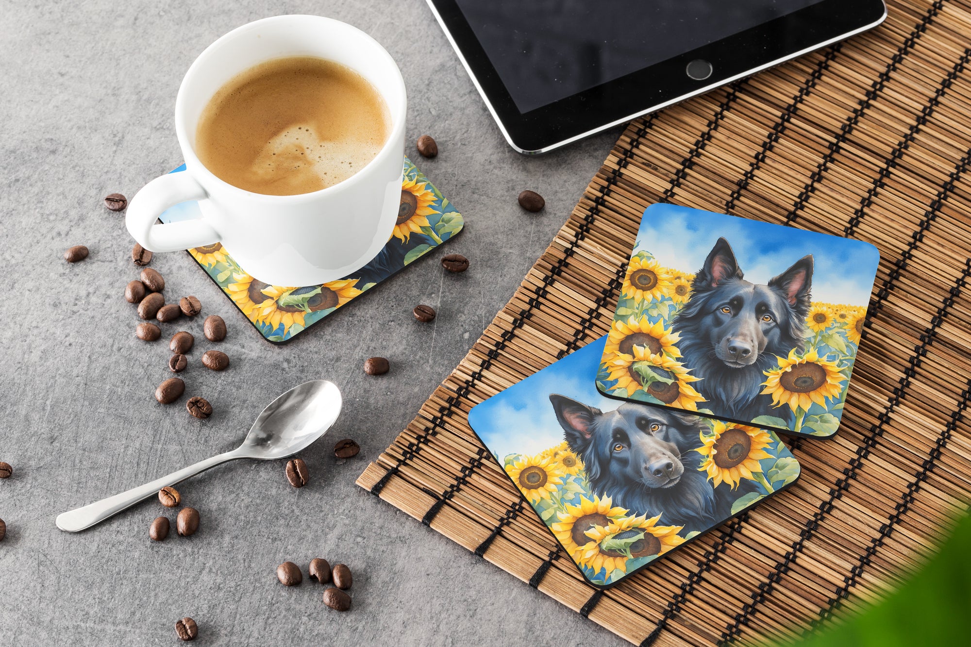 Belgian Sheepdog in Sunflowers Foam Coasters