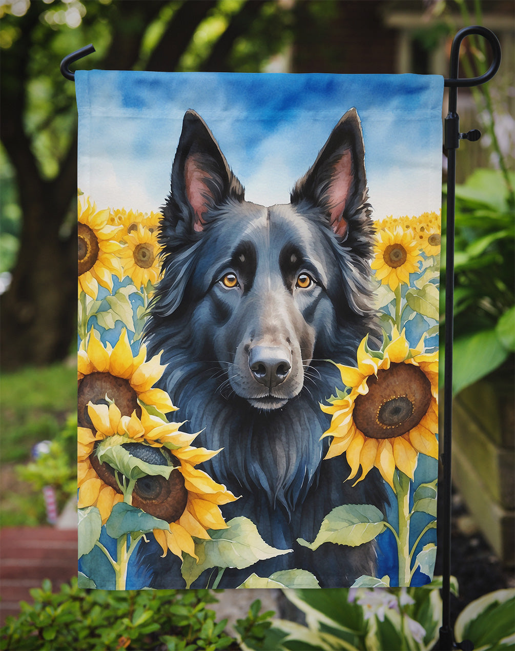 Belgian Sheepdog in Sunflowers Garden Flag