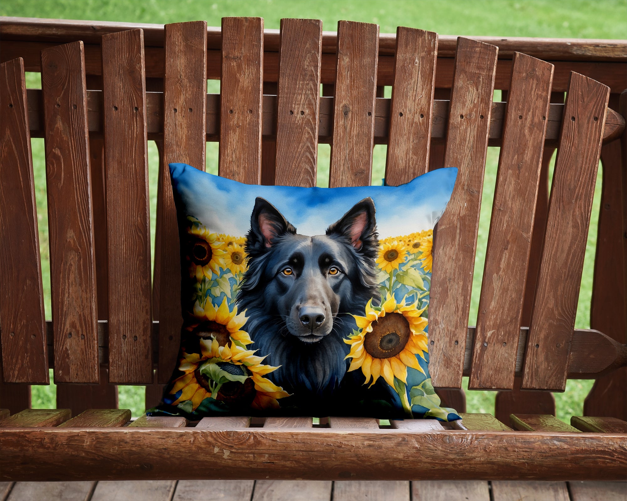 Belgian Sheepdog in Sunflowers Throw Pillow