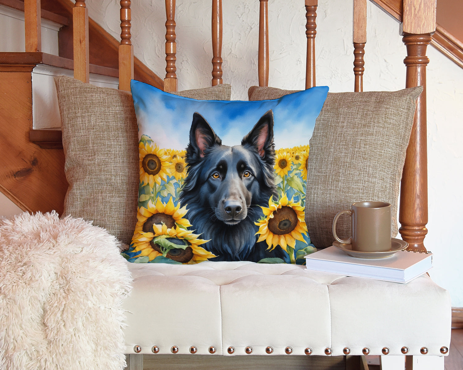 Belgian Sheepdog in Sunflowers Throw Pillow