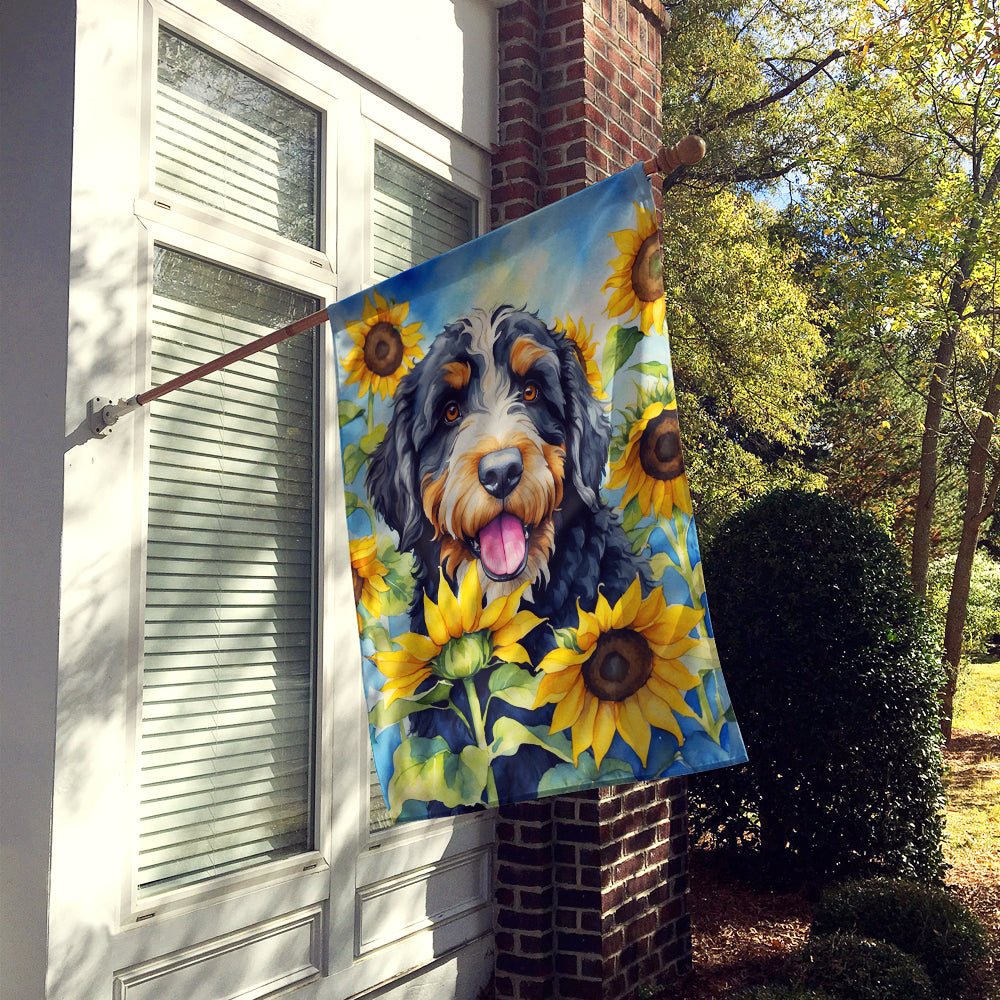 Bernedoodle in Sunflowers House Flag