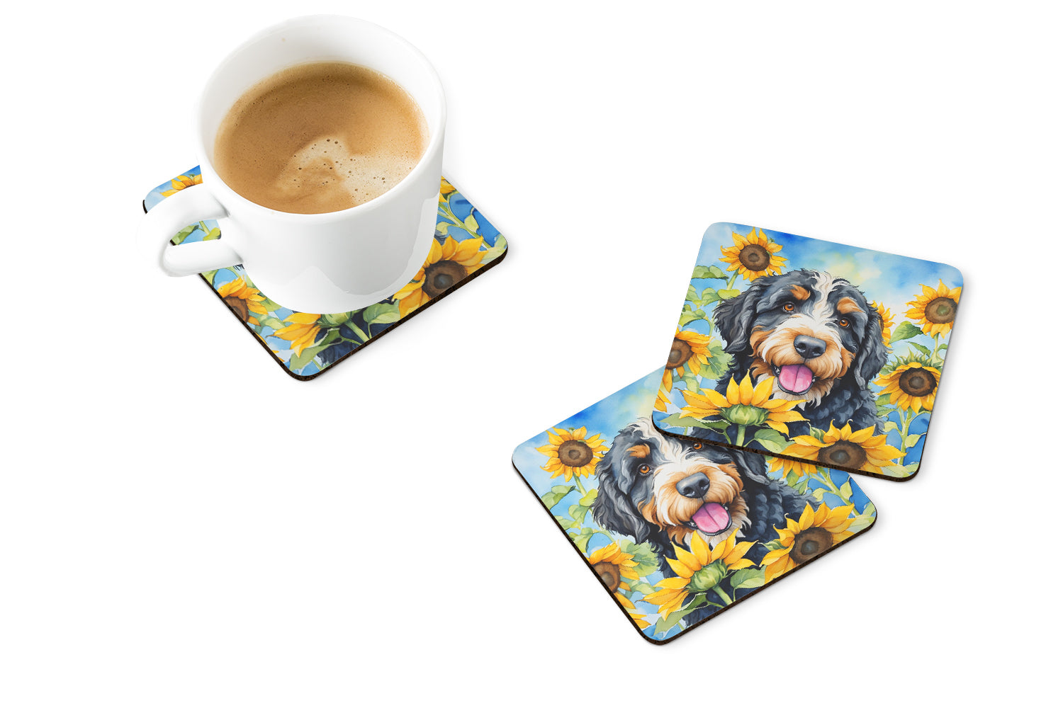 Buy this Bernedoodle in Sunflowers Foam Coasters