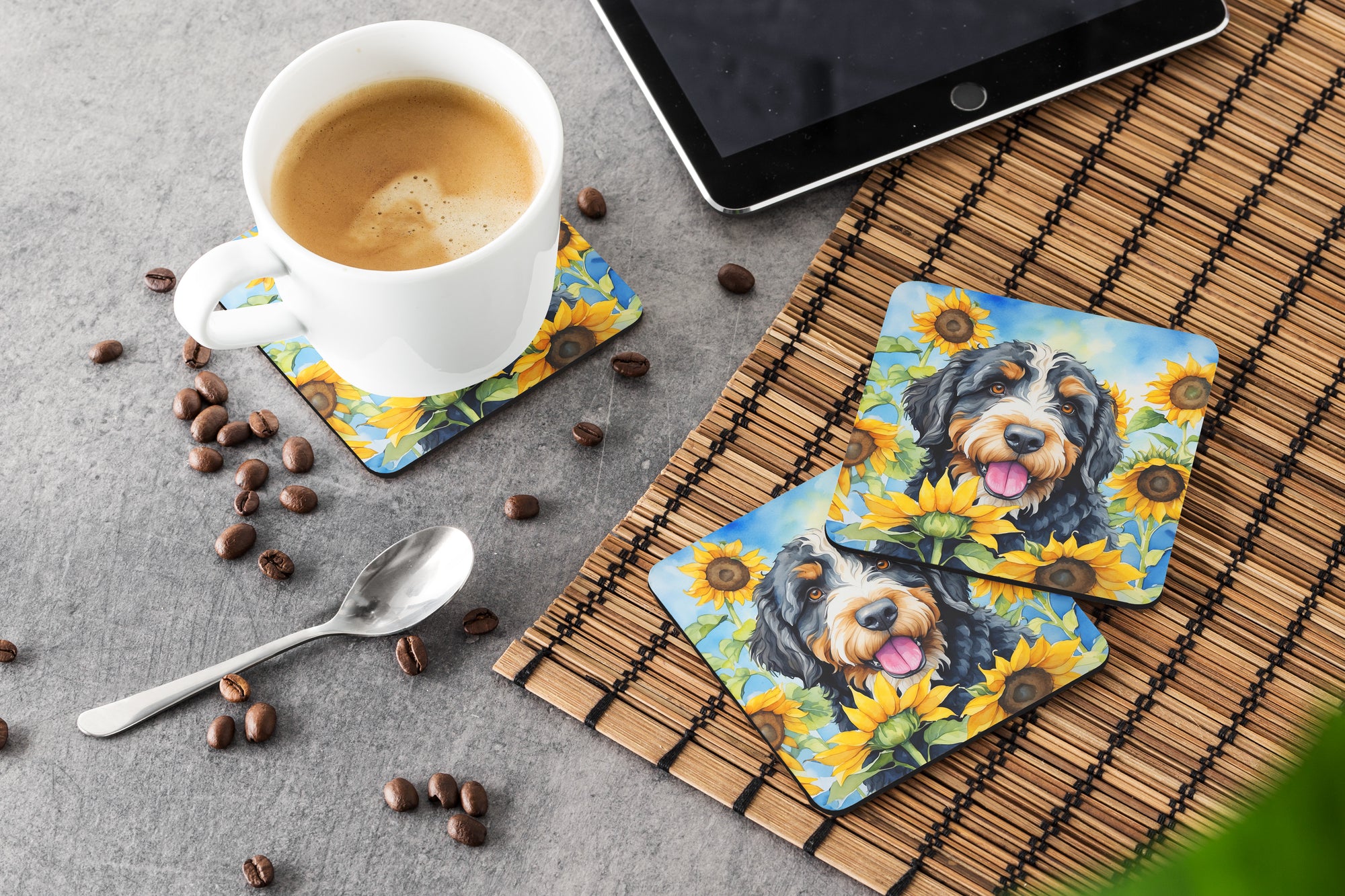Bernedoodle in Sunflowers Foam Coasters
