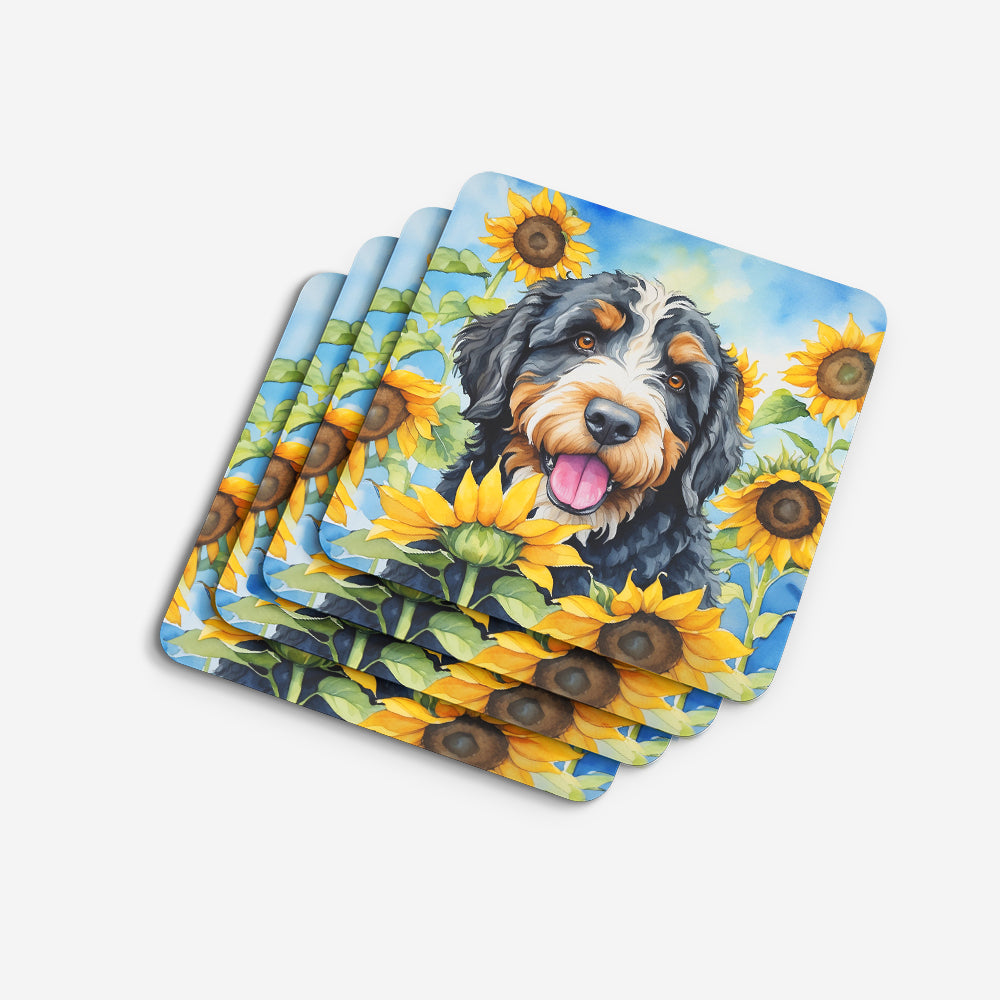 Bernedoodle in Sunflowers Foam Coasters