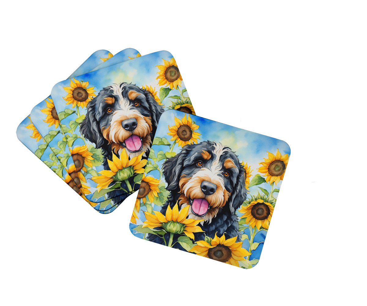 Buy this Bernedoodle in Sunflowers Foam Coasters