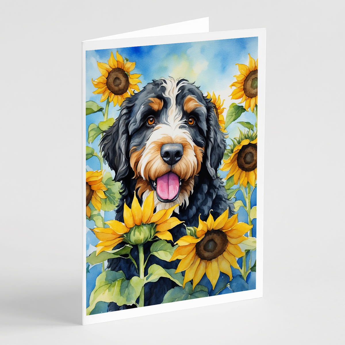 Buy this Bernedoodle in Sunflowers Greeting Cards Pack of 8