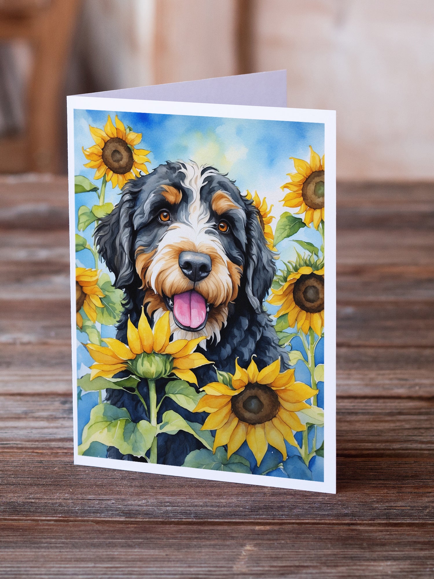 Buy this Bernedoodle in Sunflowers Greeting Cards Pack of 8