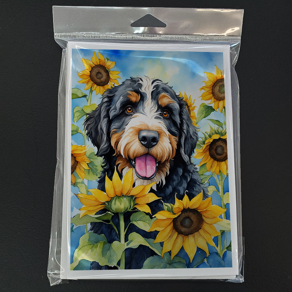 Bernedoodle in Sunflowers Greeting Cards Pack of 8