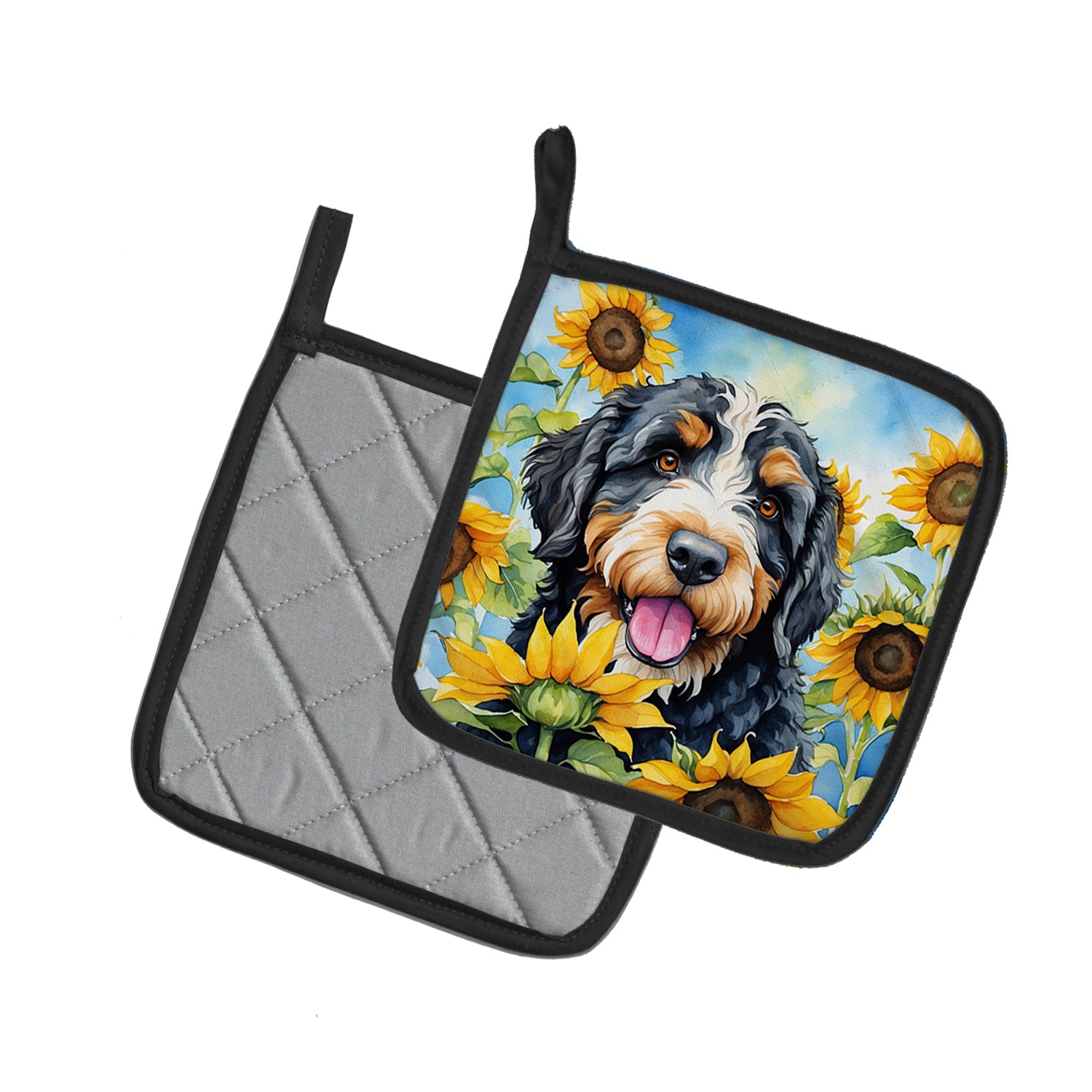 Bernedoodle in Sunflowers Pair of Pot Holders