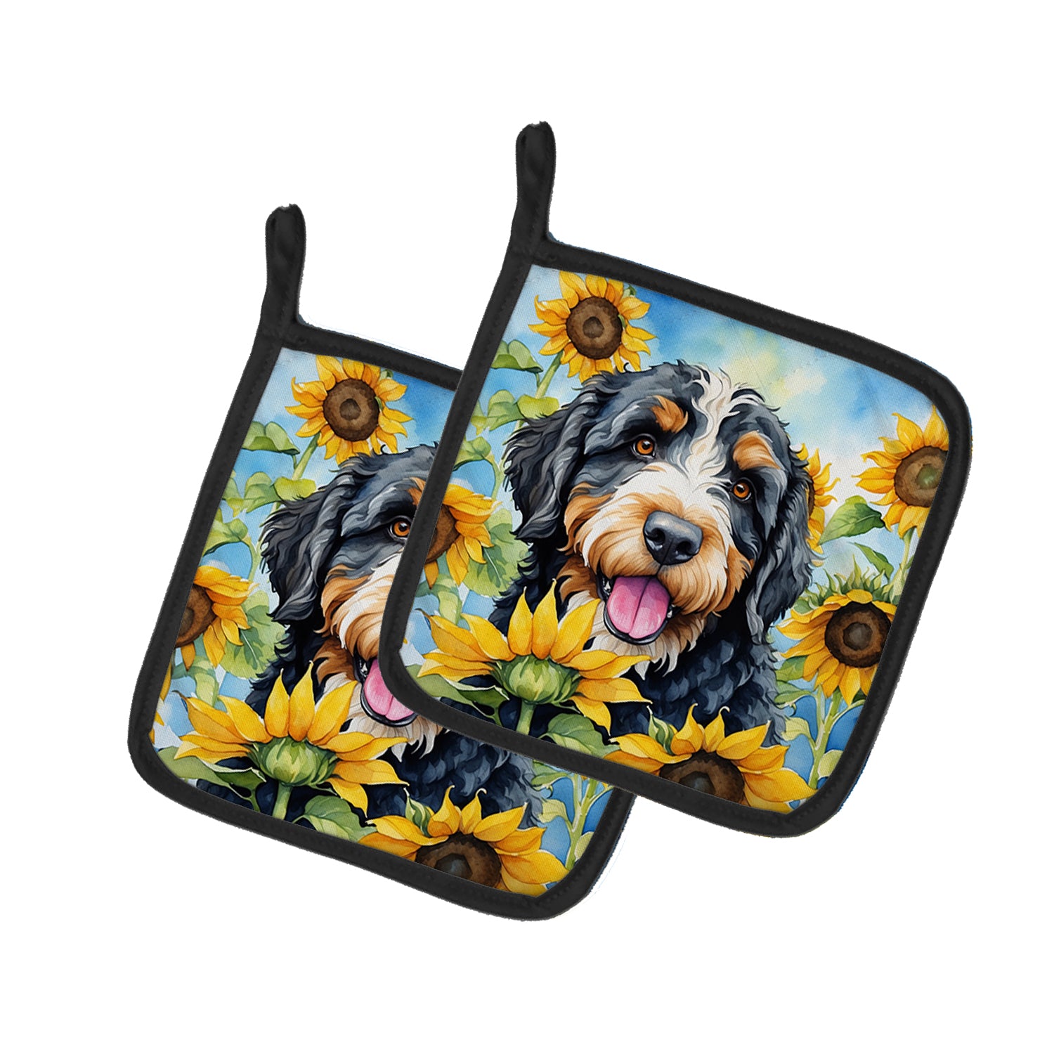 Buy this Bernedoodle in Sunflowers Pair of Pot Holders