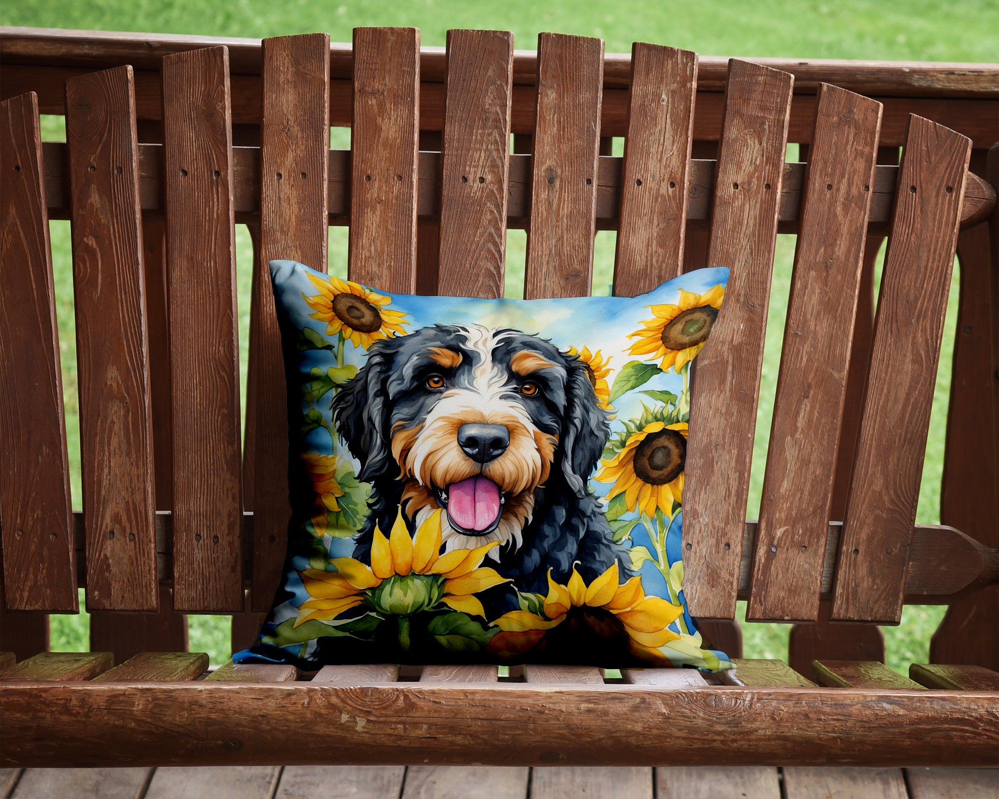 Buy this Bernedoodle in Sunflowers Throw Pillow