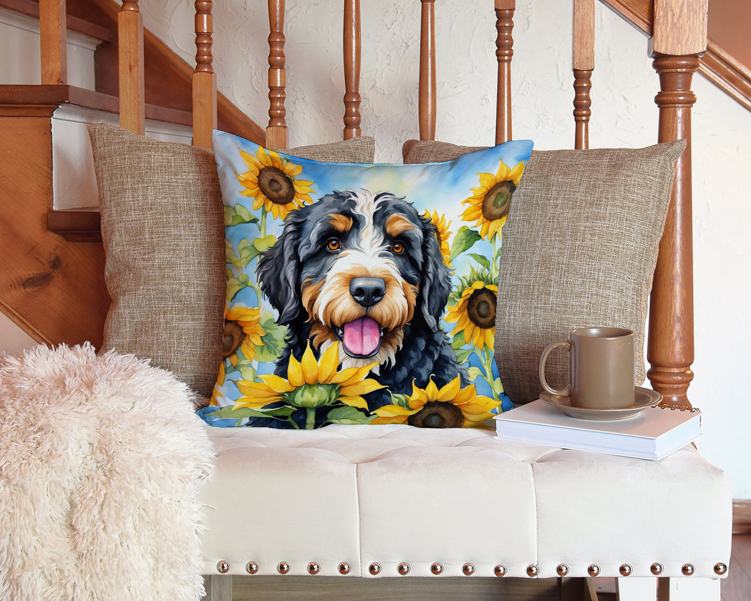 Bernedoodle in Sunflowers Throw Pillow