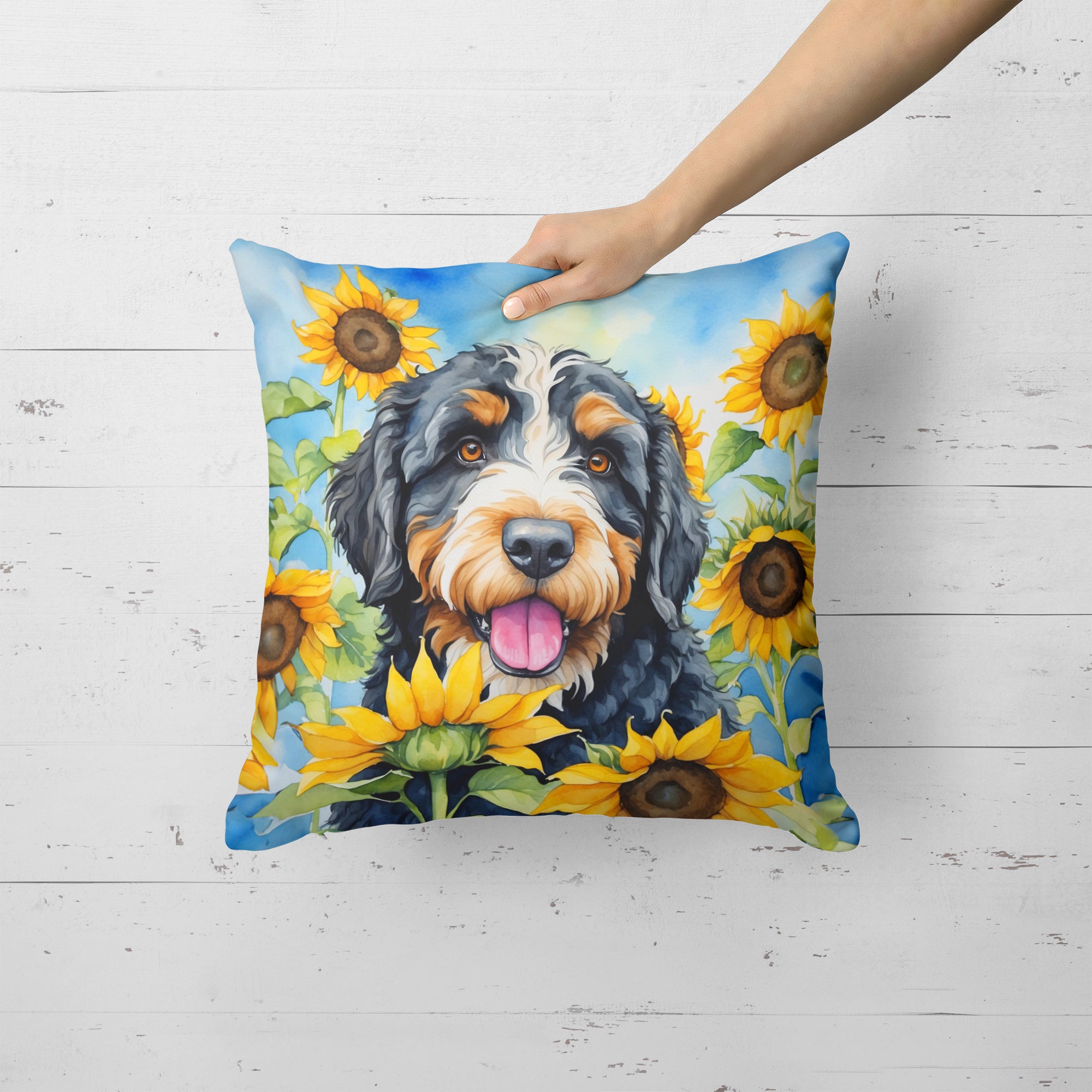 Bernedoodle in Sunflowers Throw Pillow