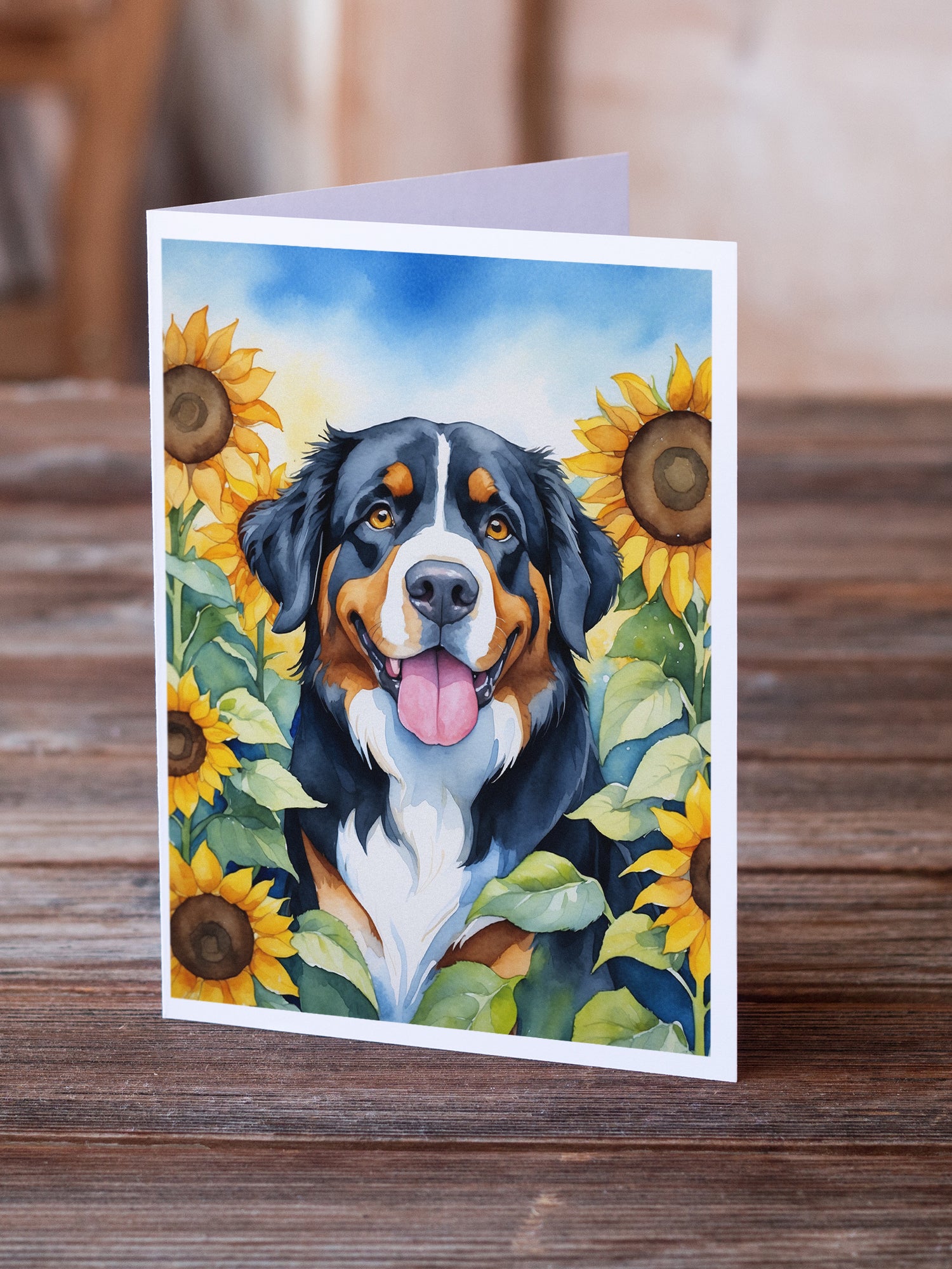 Bernese Mountain Dog in Sunflowers Greeting Cards Pack of 8
