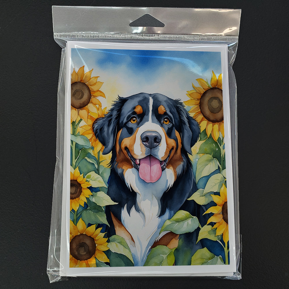 Bernese Mountain Dog in Sunflowers Greeting Cards Pack of 8