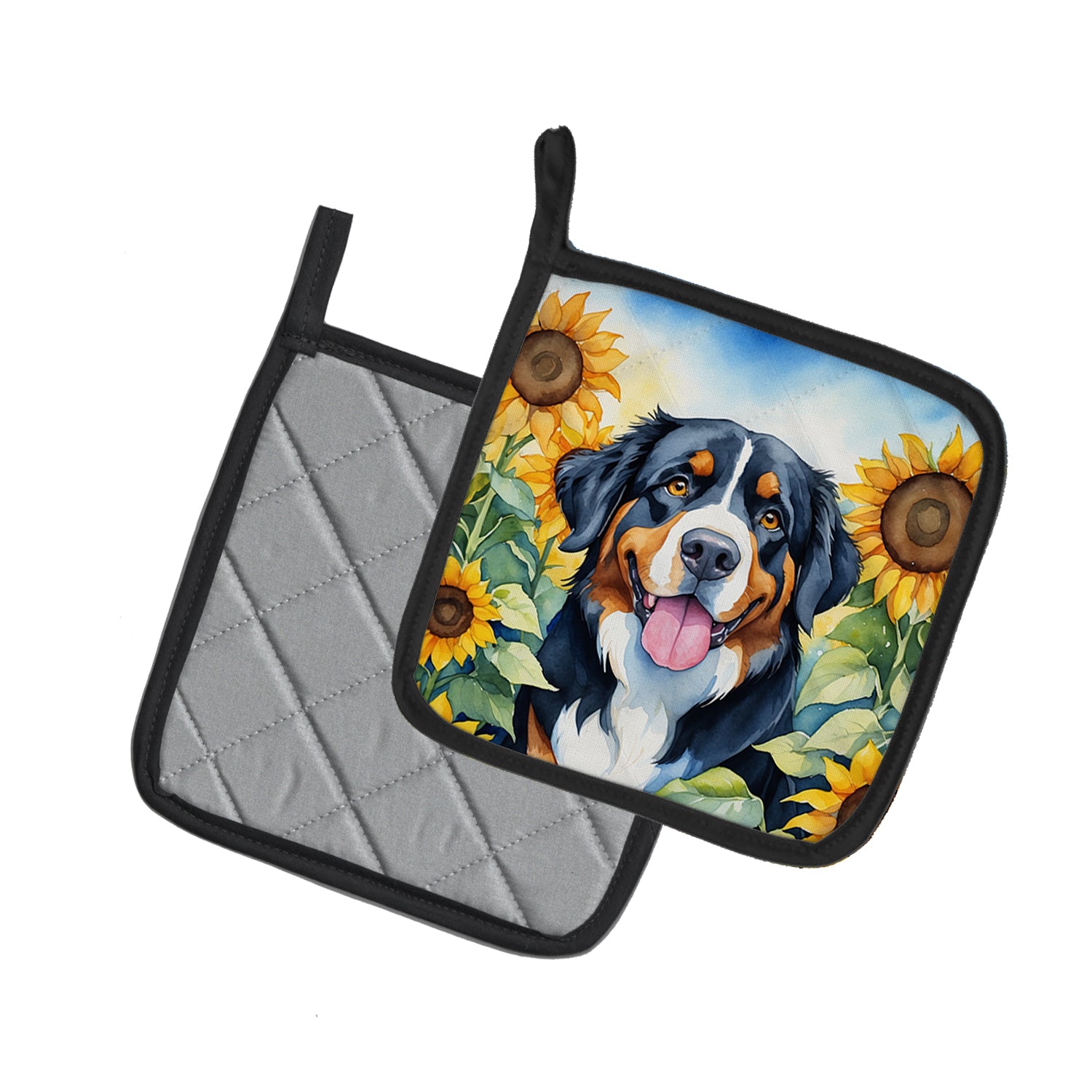 Bernese Mountain Dog in Sunflowers Pair of Pot Holders