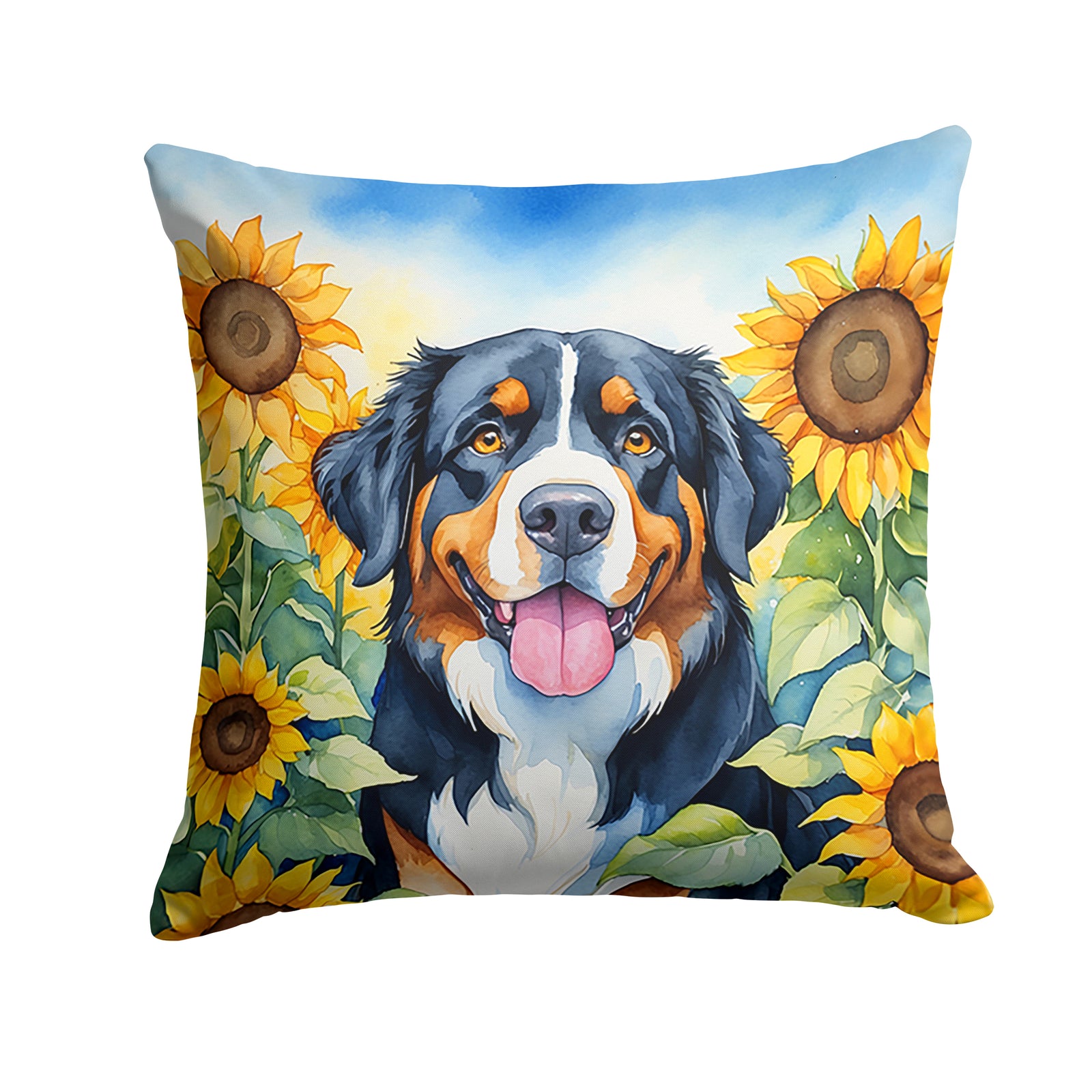 Buy this Bernese Mountain Dog in Sunflowers Throw Pillow