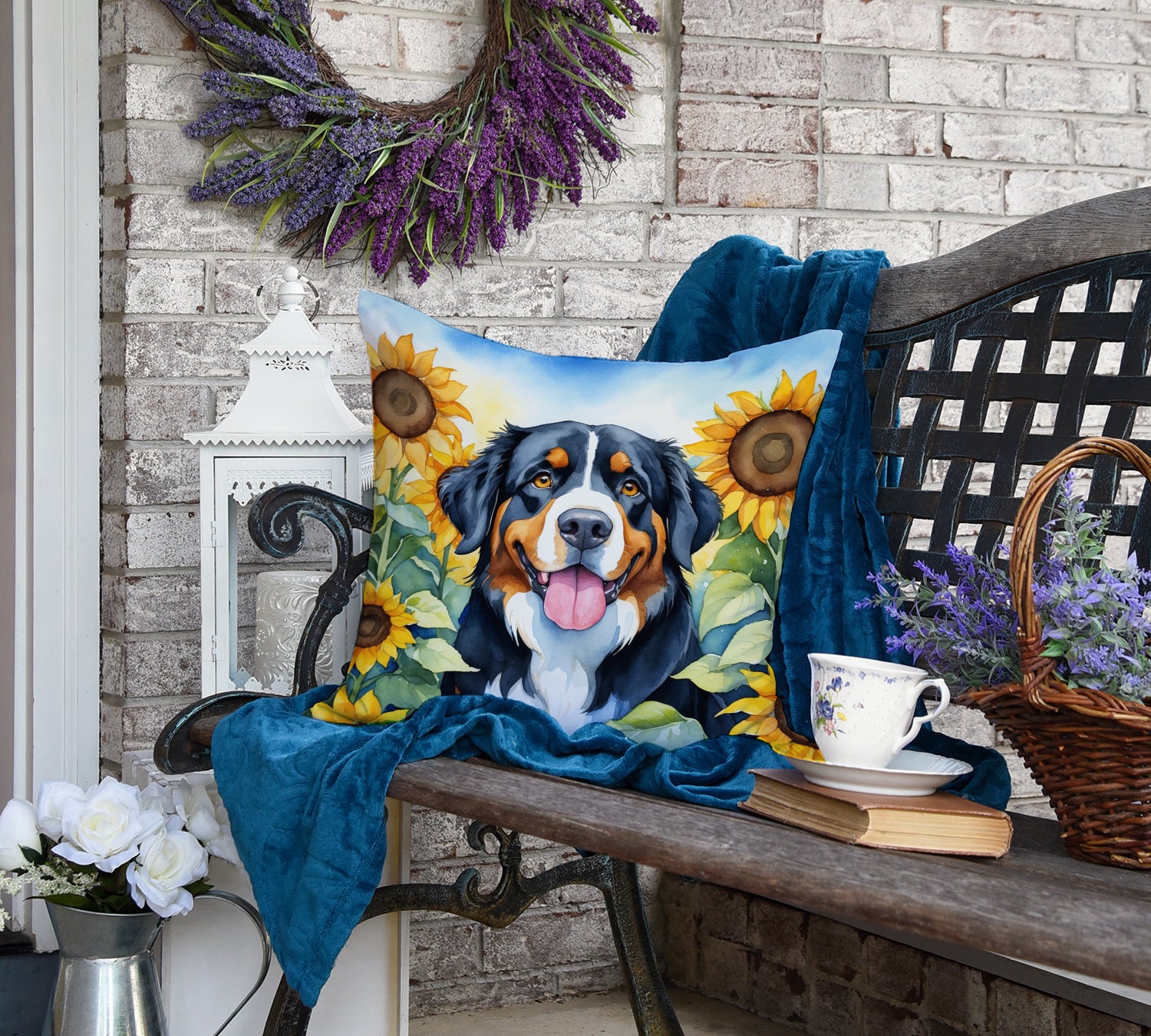 Bernese Mountain Dog in Sunflowers Throw Pillow