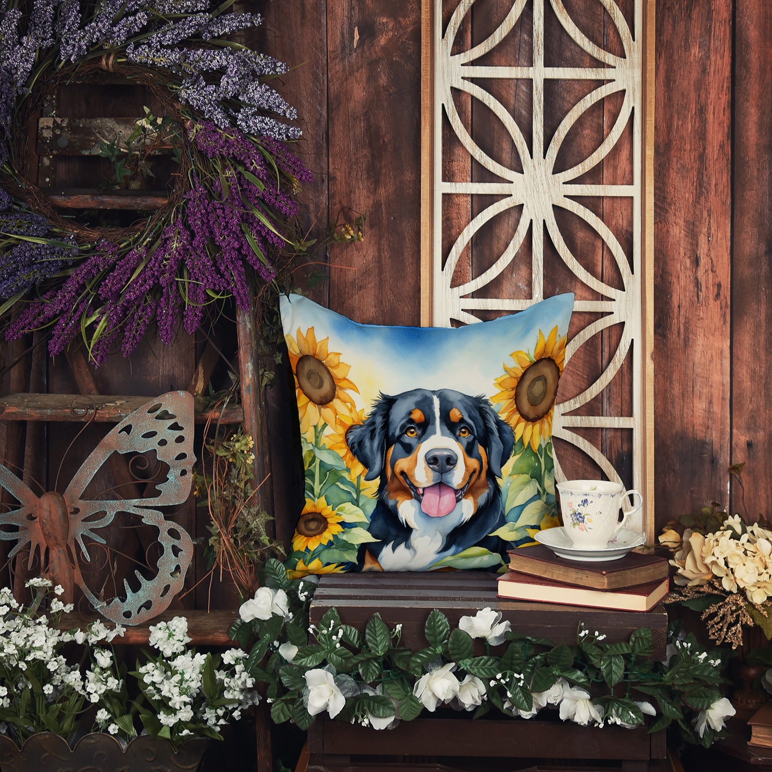 Bernese Mountain Dog in Sunflowers Throw Pillow