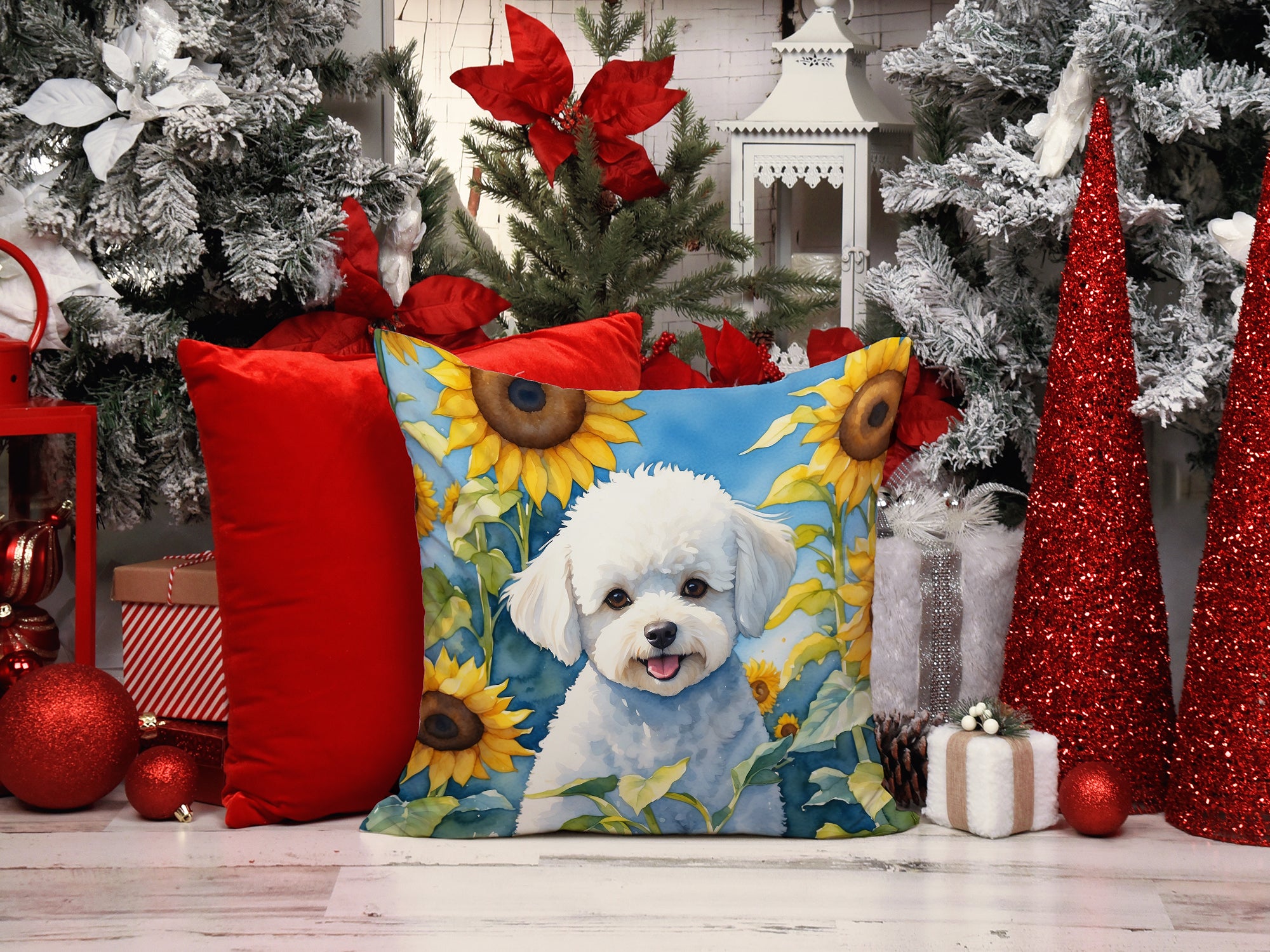 Bichon Frise in Sunflowers Throw Pillow