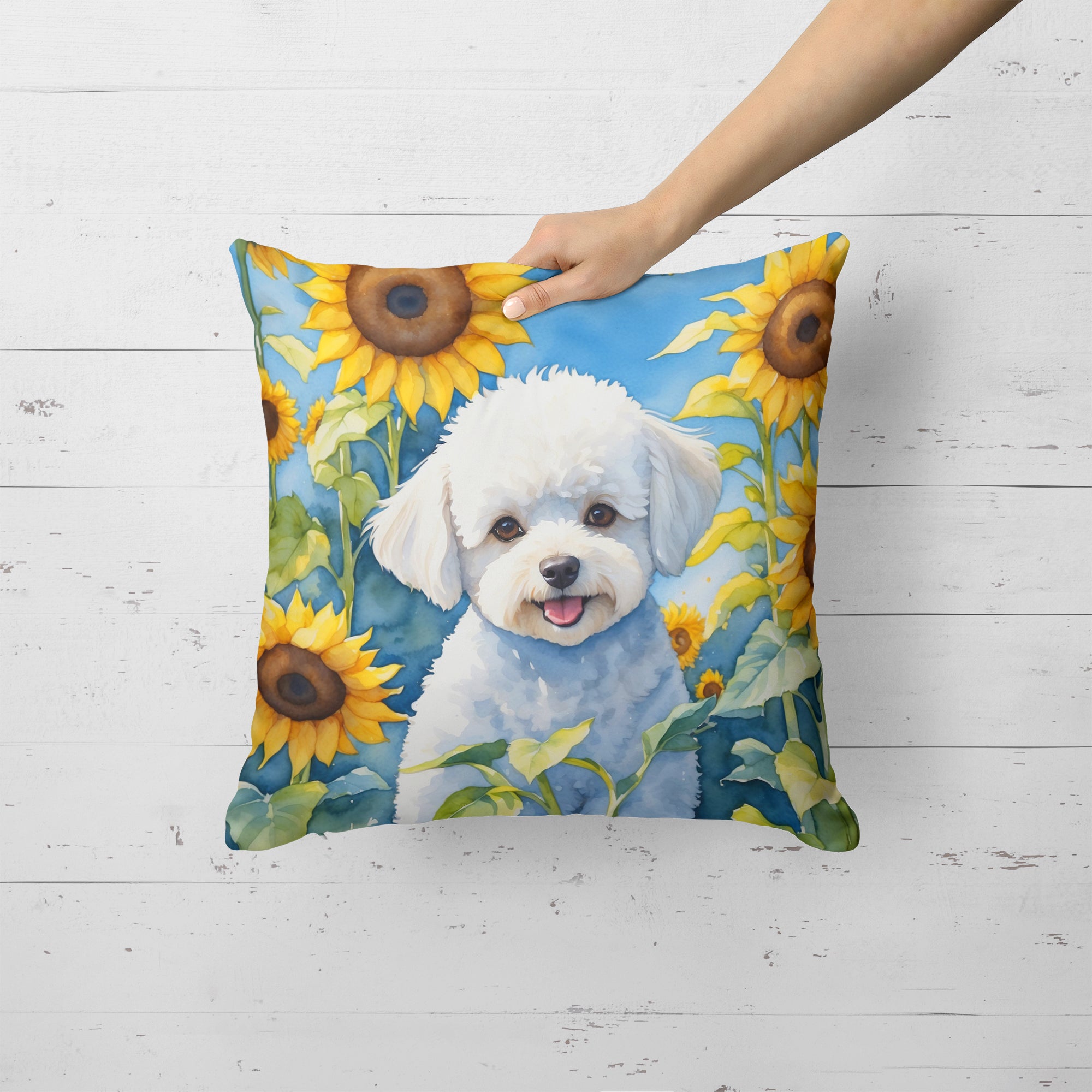 Bichon Frise in Sunflowers Throw Pillow
