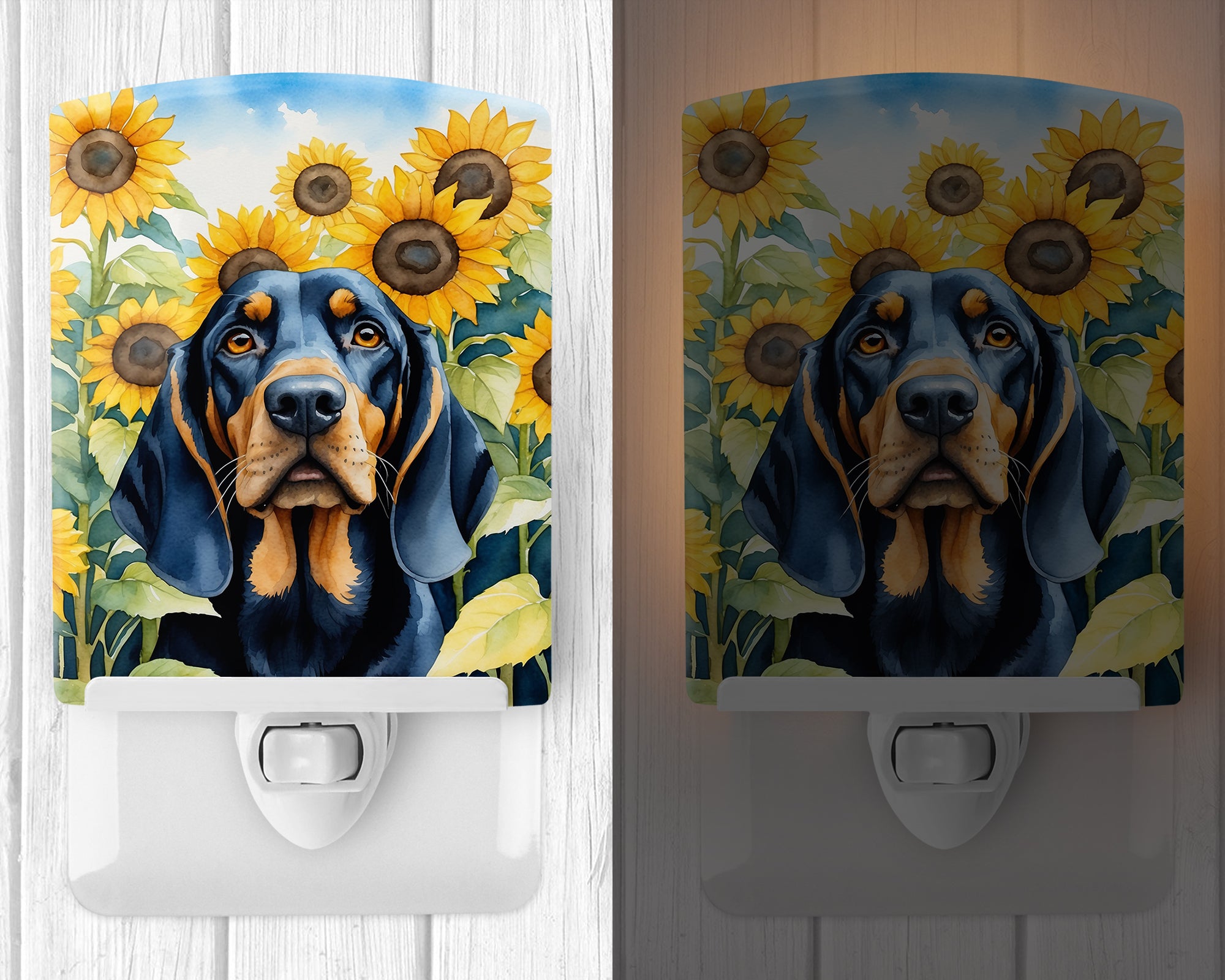 Black and Tan Coonhound in Sunflowers Ceramic Night Light