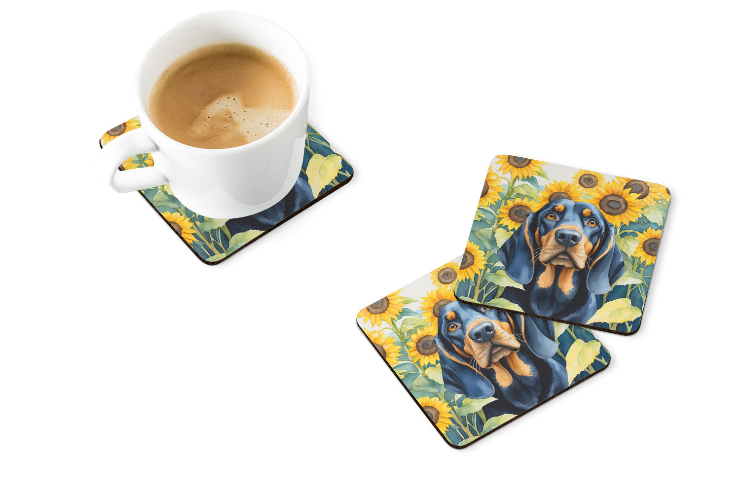 Buy this Black and Tan Coonhound in Sunflowers Foam Coasters