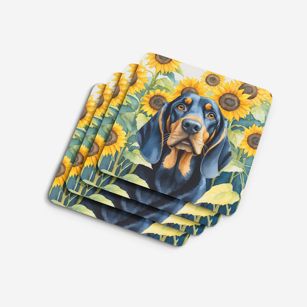 Black and Tan Coonhound in Sunflowers Foam Coasters