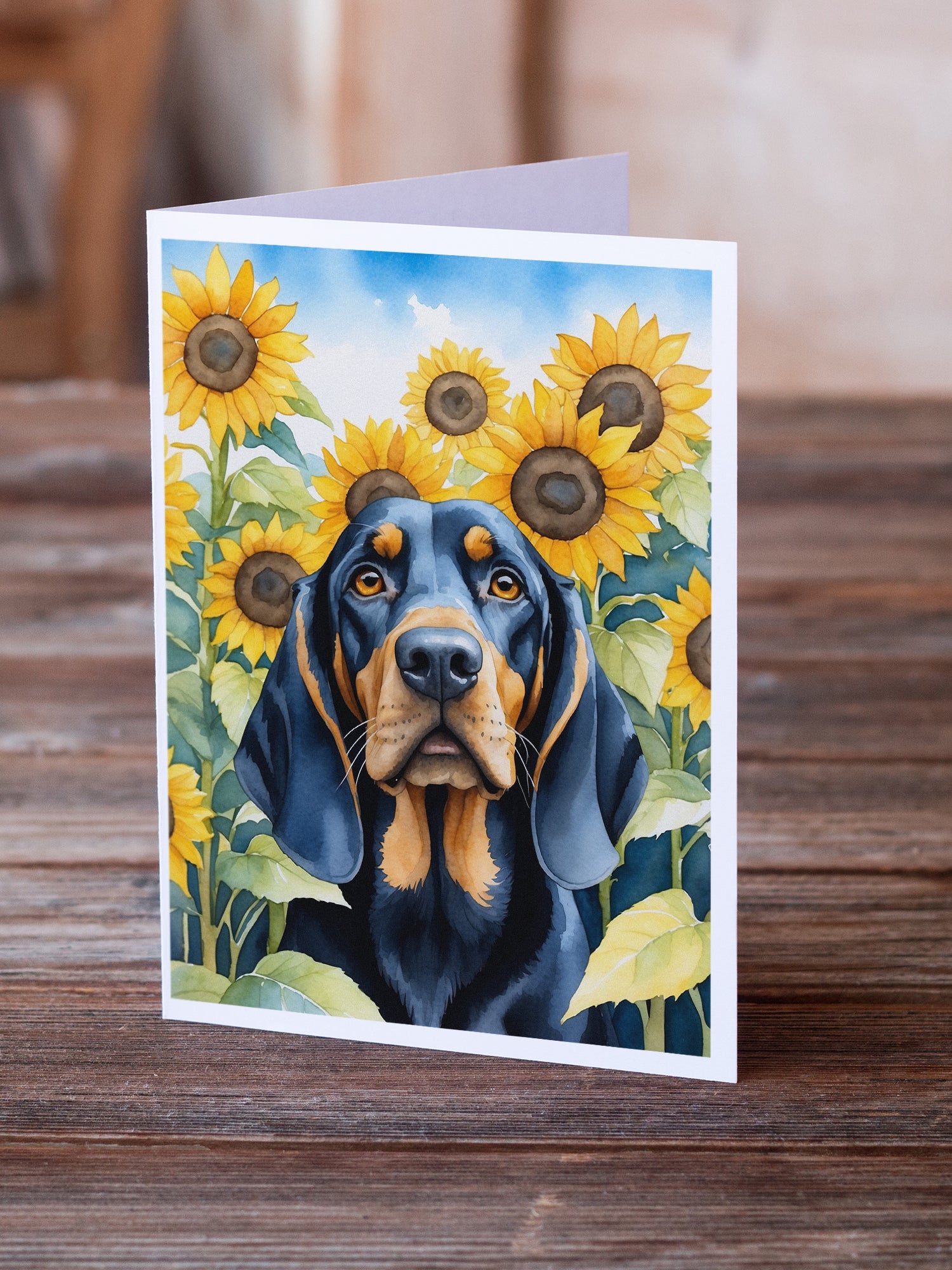 Black and Tan Coonhound in Sunflowers Greeting Cards Pack of 8